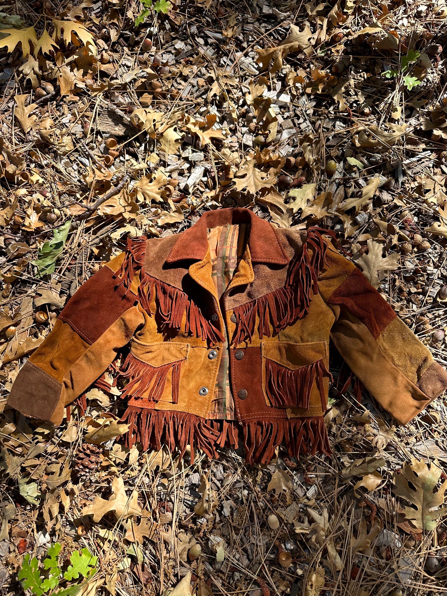 Rare 1960's / 1970's Brown Suede Leather Patchwork and Fringe Jacket - 1T / 2T