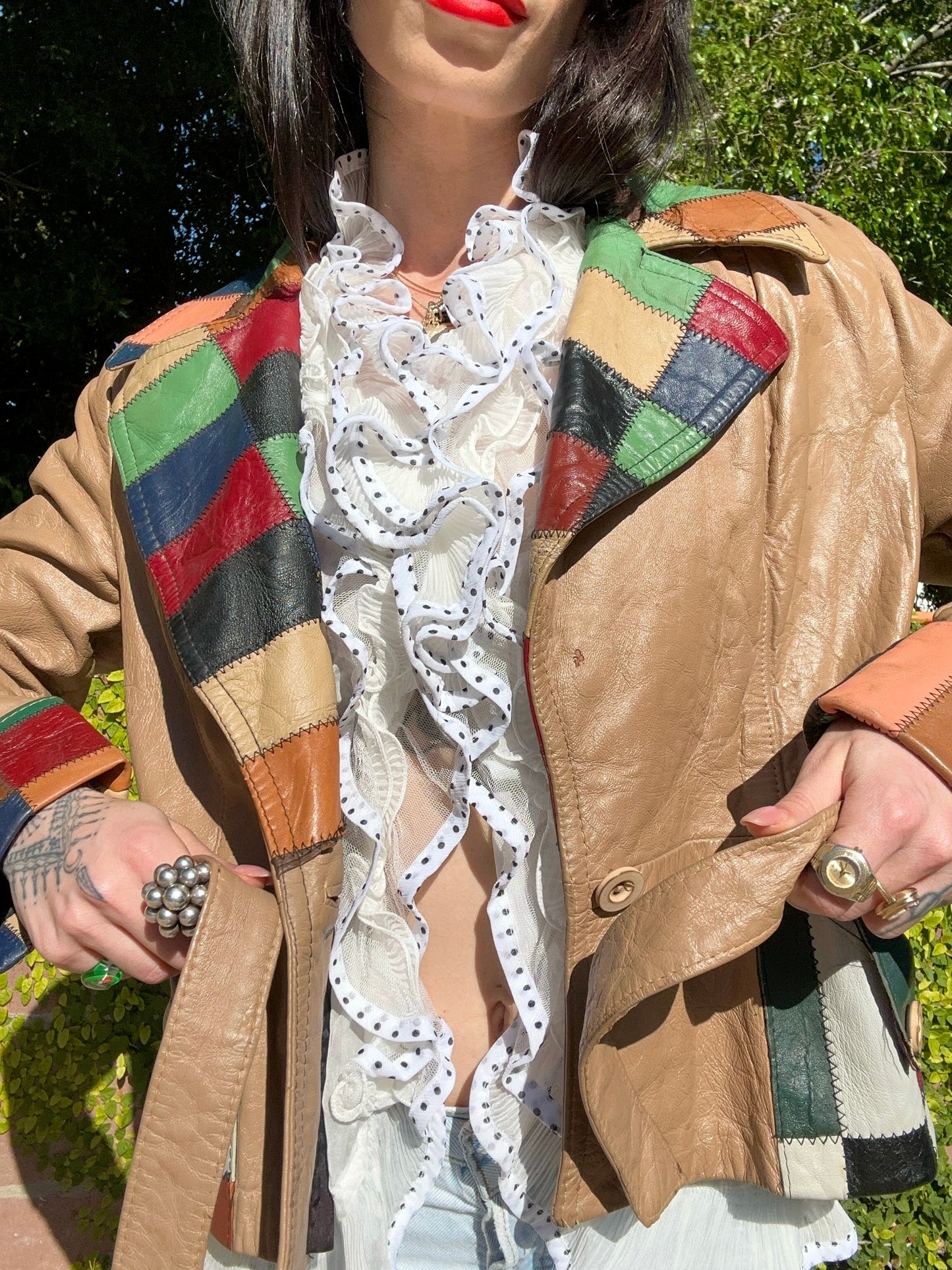 Vintage 1970's Leather Jacket with Colorful Patchwork Accents
