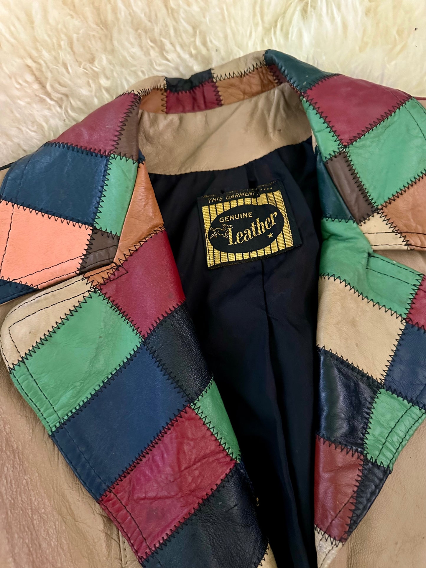 Vintage 1970's Leather Jacket with Colorful Patchwork Accents