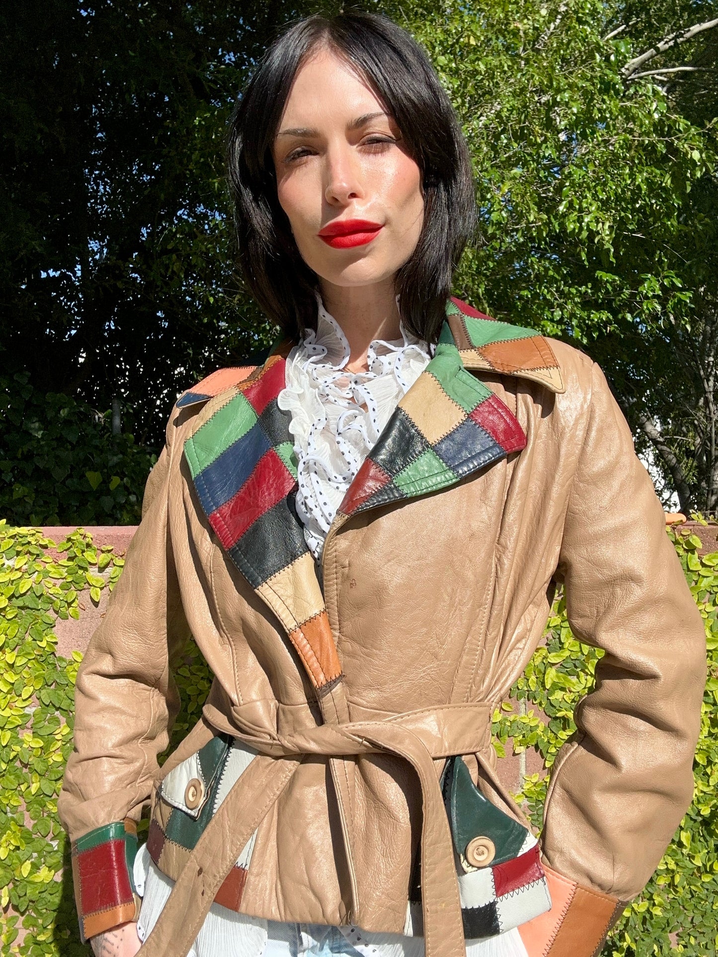 Vintage 1970's Leather Jacket with Colorful Patchwork Accents
