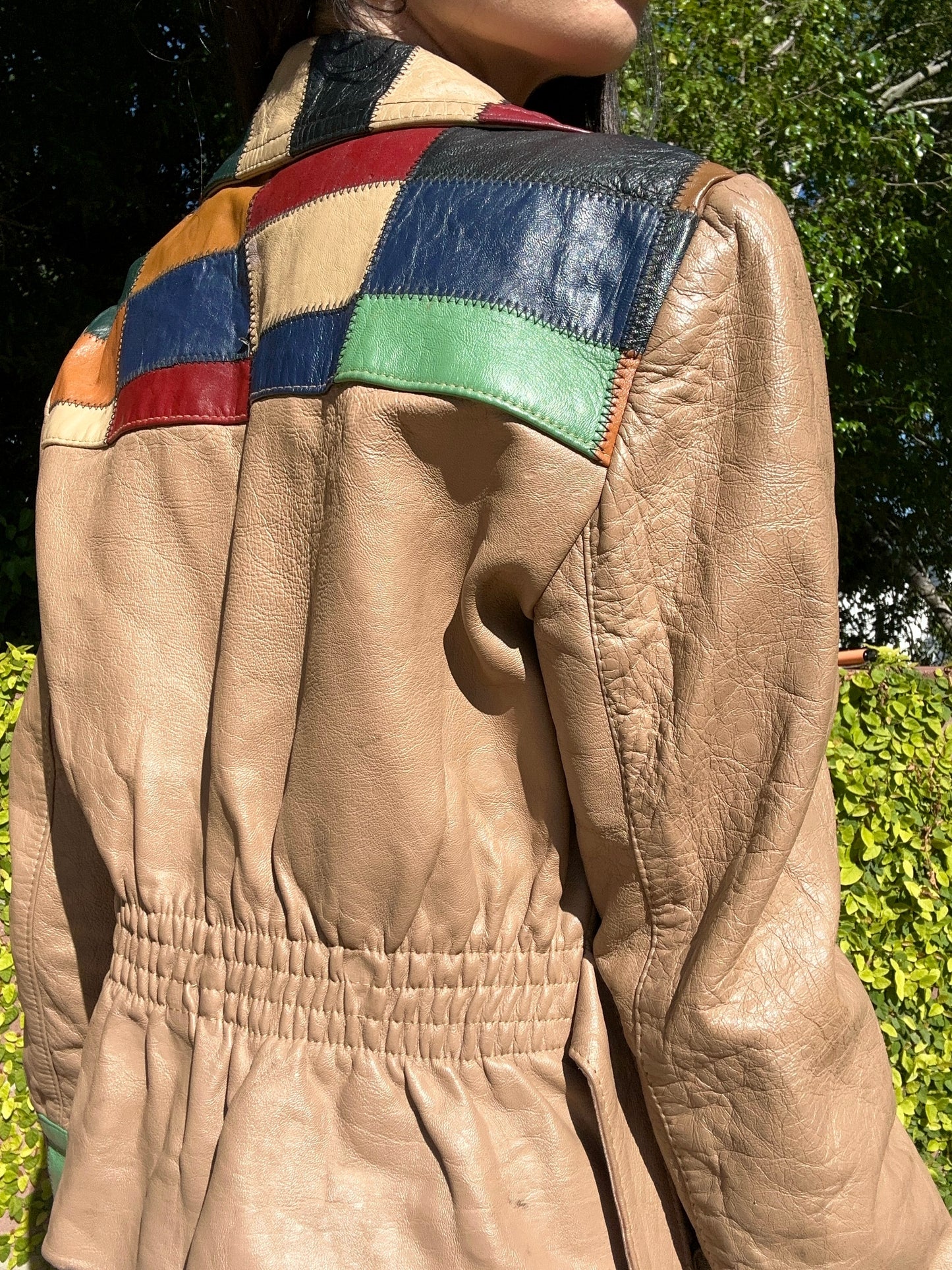 Vintage 1970's Leather Jacket with Colorful Patchwork Accents