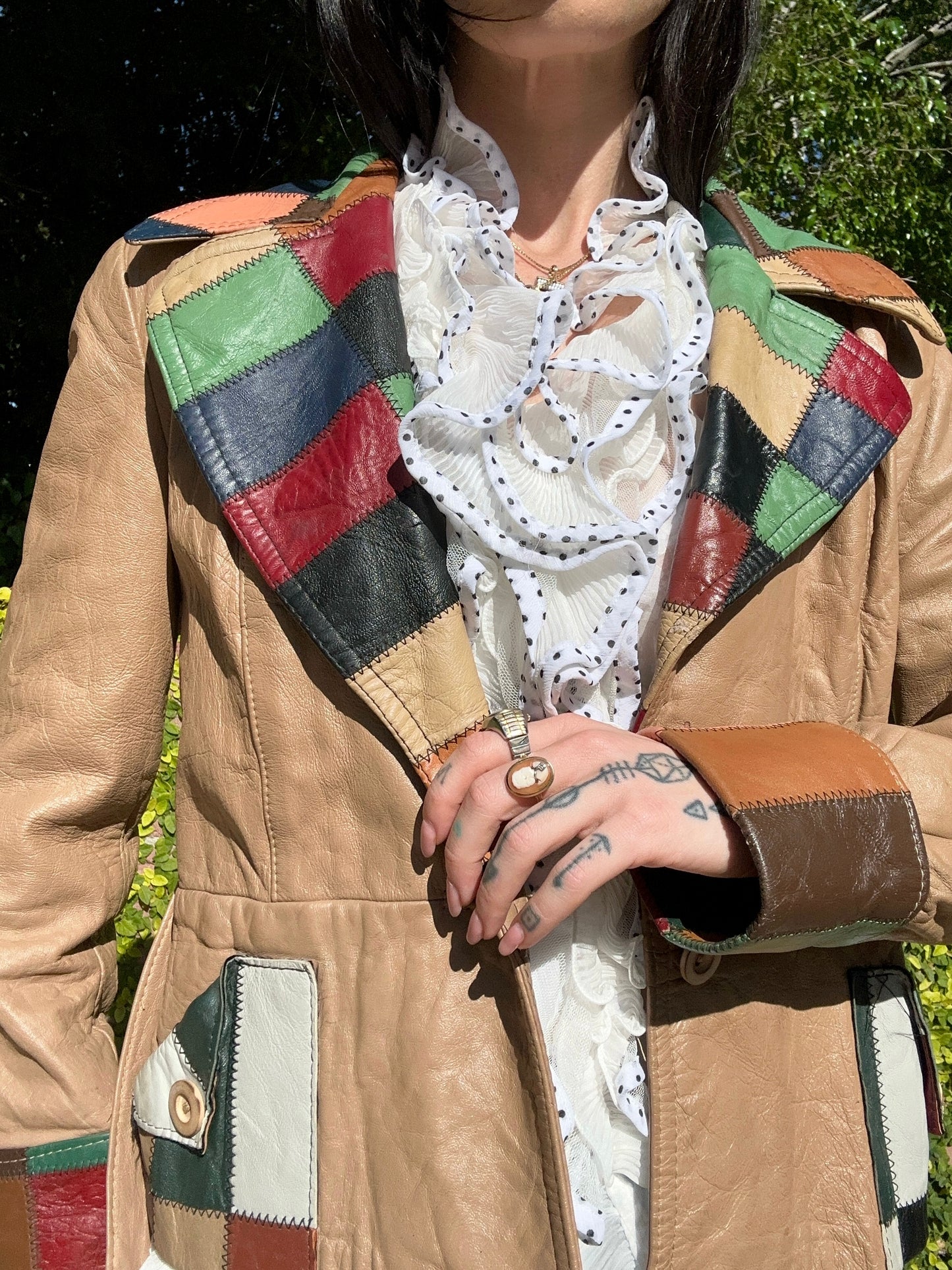 Vintage 1970's Leather Jacket with Colorful Patchwork Accents