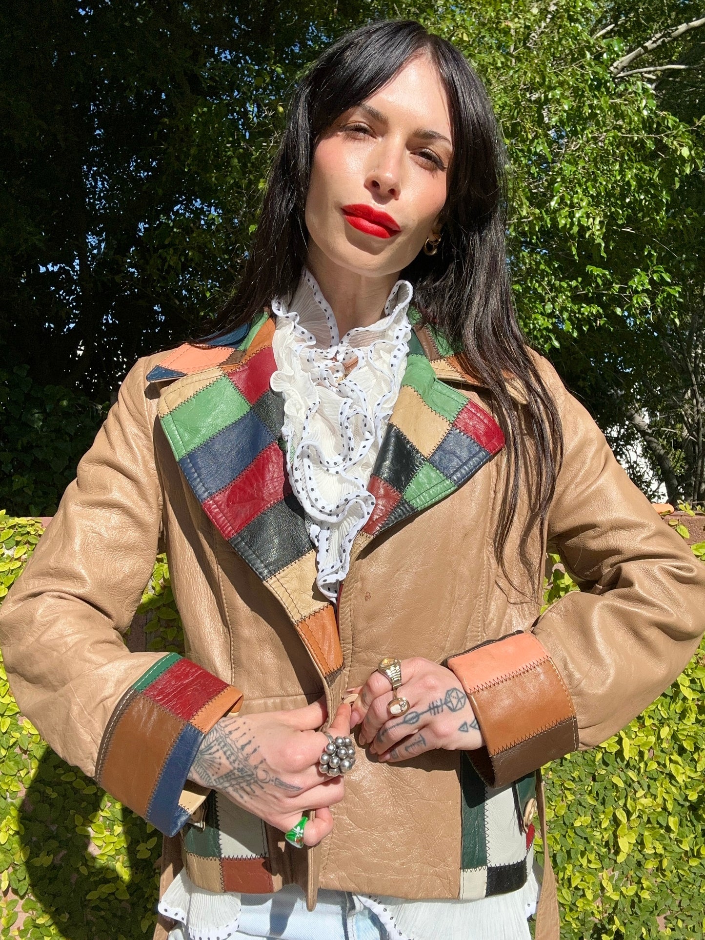 Vintage 1970's Leather Jacket with Colorful Patchwork Accents
