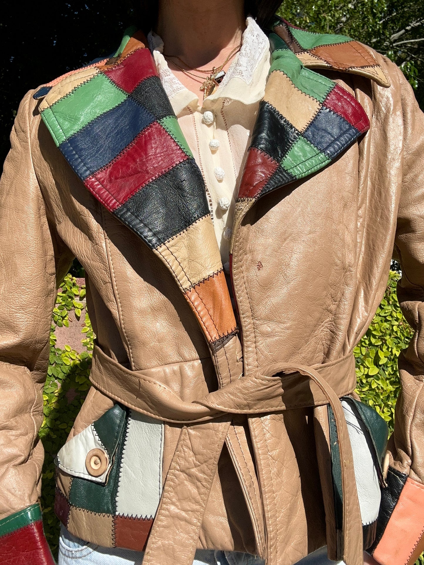 Vintage 1970's Leather Jacket with Colorful Patchwork Accents