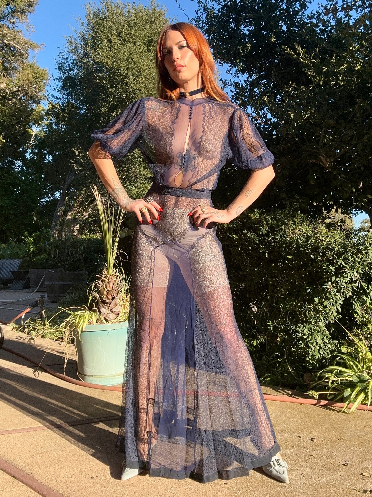 Stunning Antique 1930's Silk Chiffon and Lace Dress in Midnight Blue