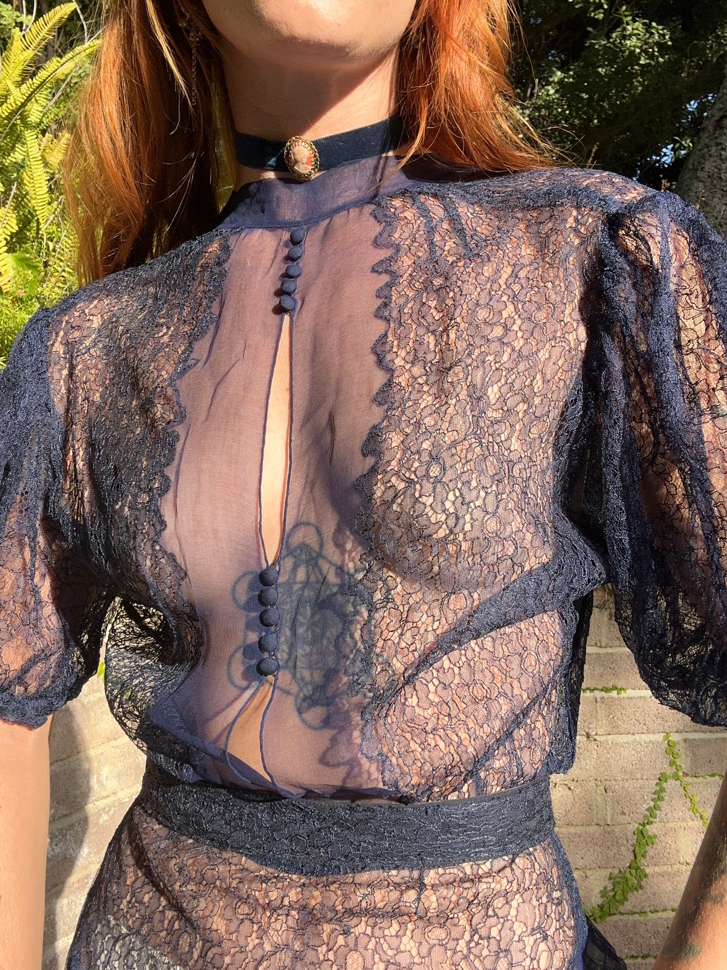 Stunning Antique 1930's Silk Chiffon and Lace Dress in Midnight Blue