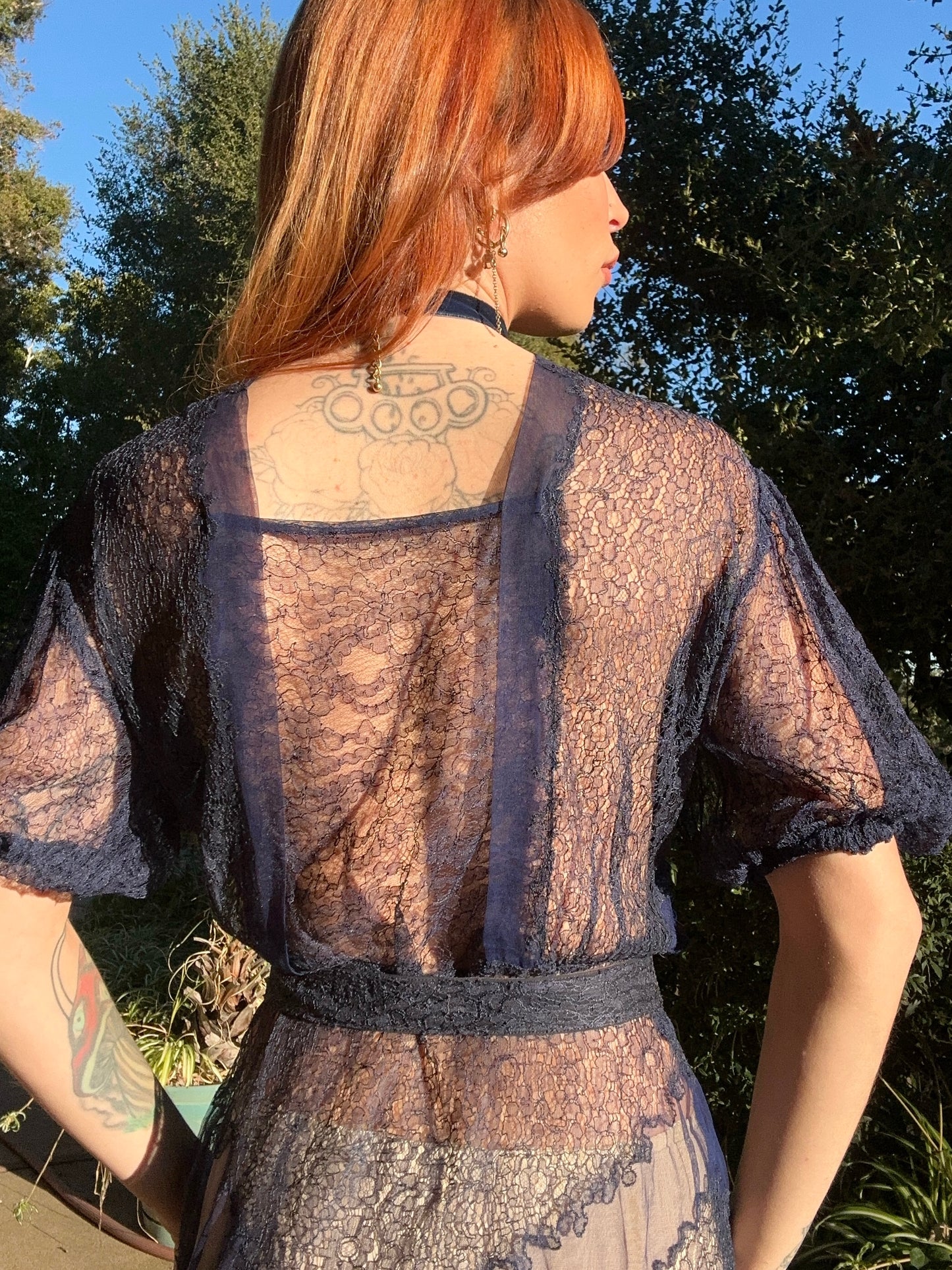 Stunning Antique 1930's Silk Chiffon and Lace Dress in Midnight Blue