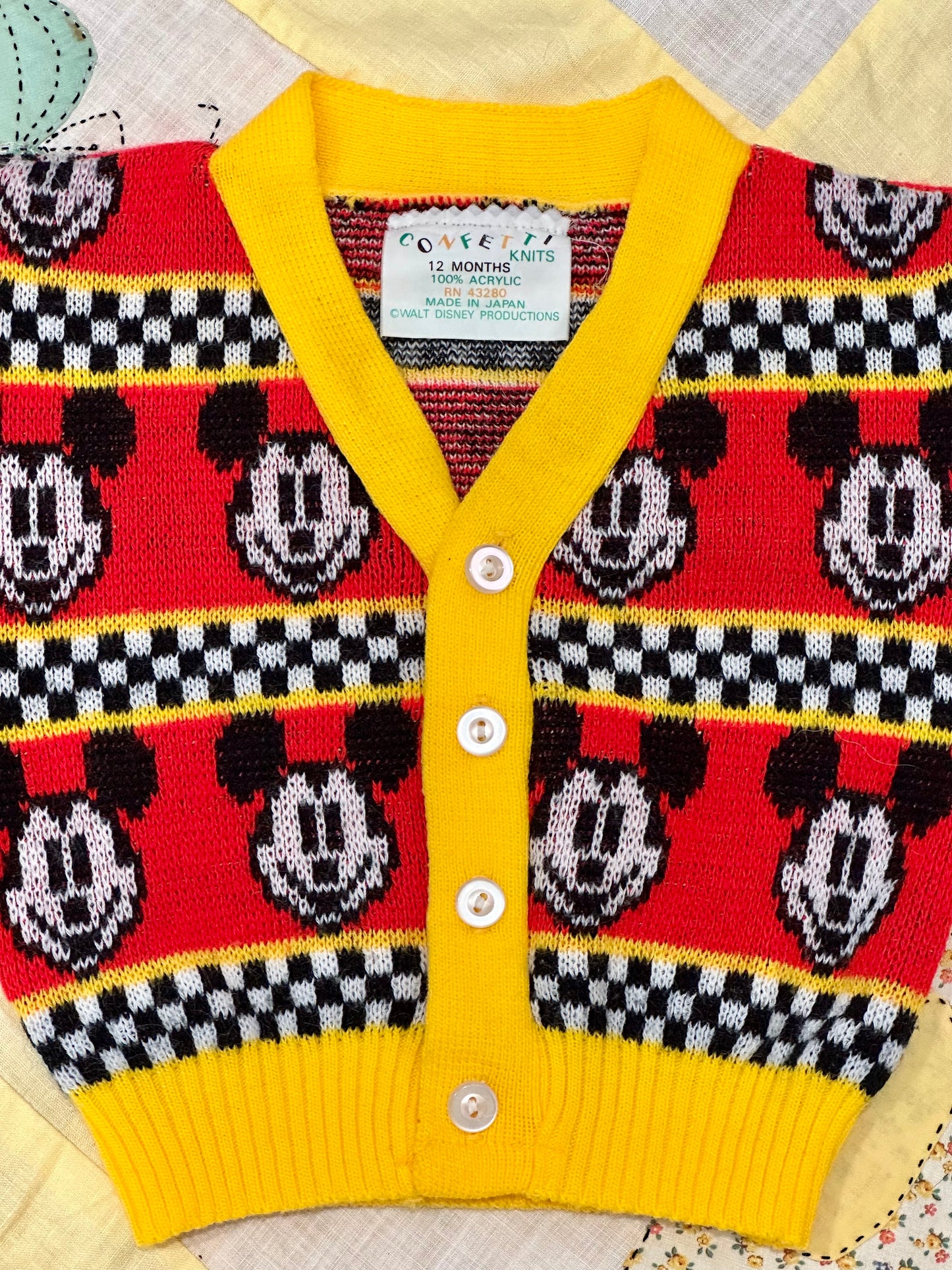 Rare Vintage 1970's Mickey Mouse Cardigan Walt Disney Toddler Size
