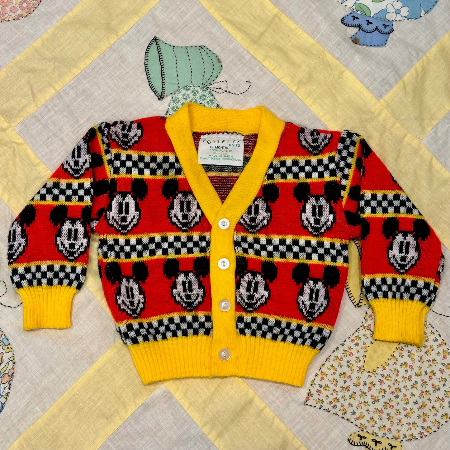 Rare Vintage 1970's Mickey Mouse Cardigan Walt Disney Toddler Size