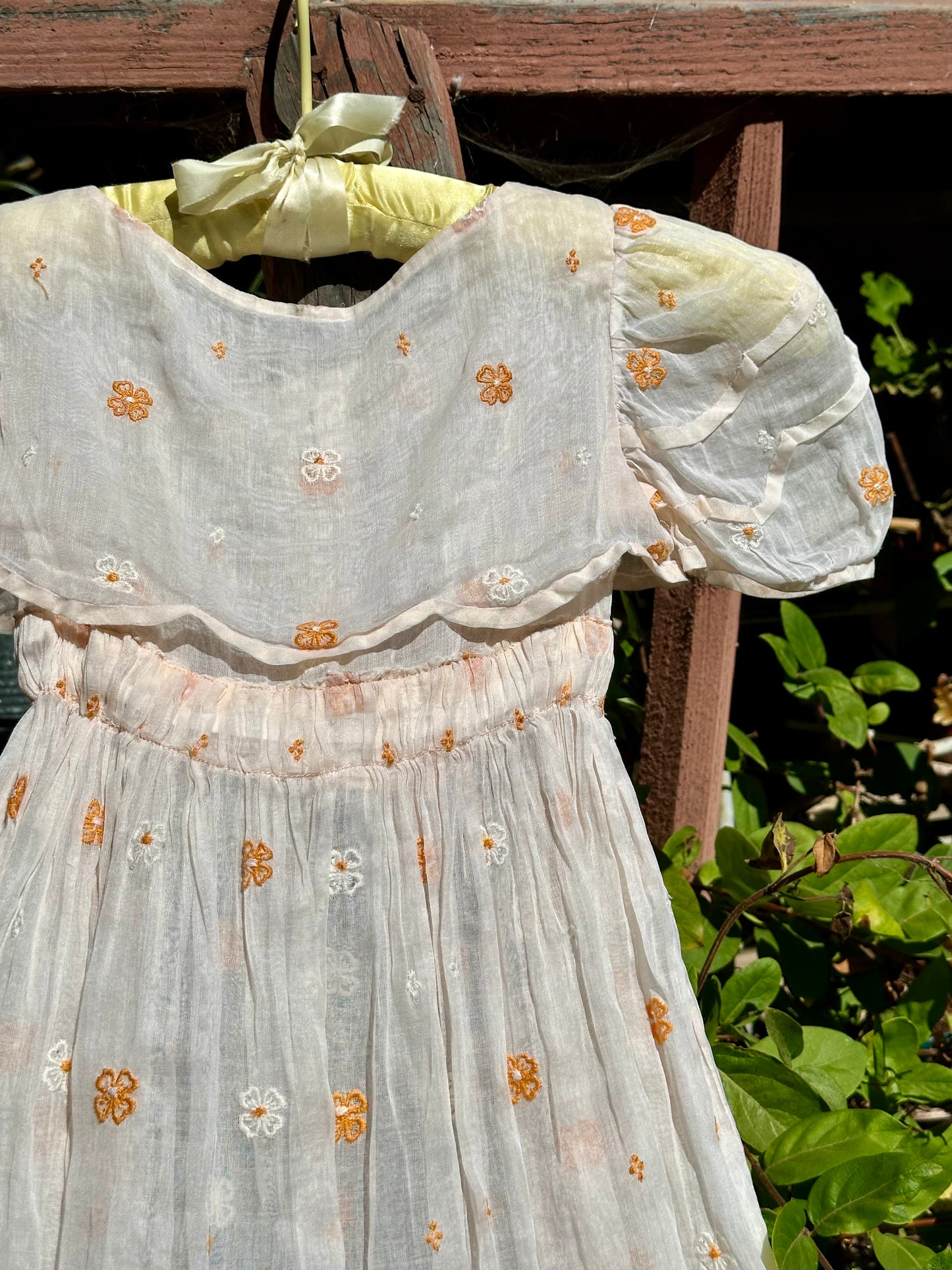 Antique Organdy Girls Dress with Scattered Embroidered Flowers - 4T/5T