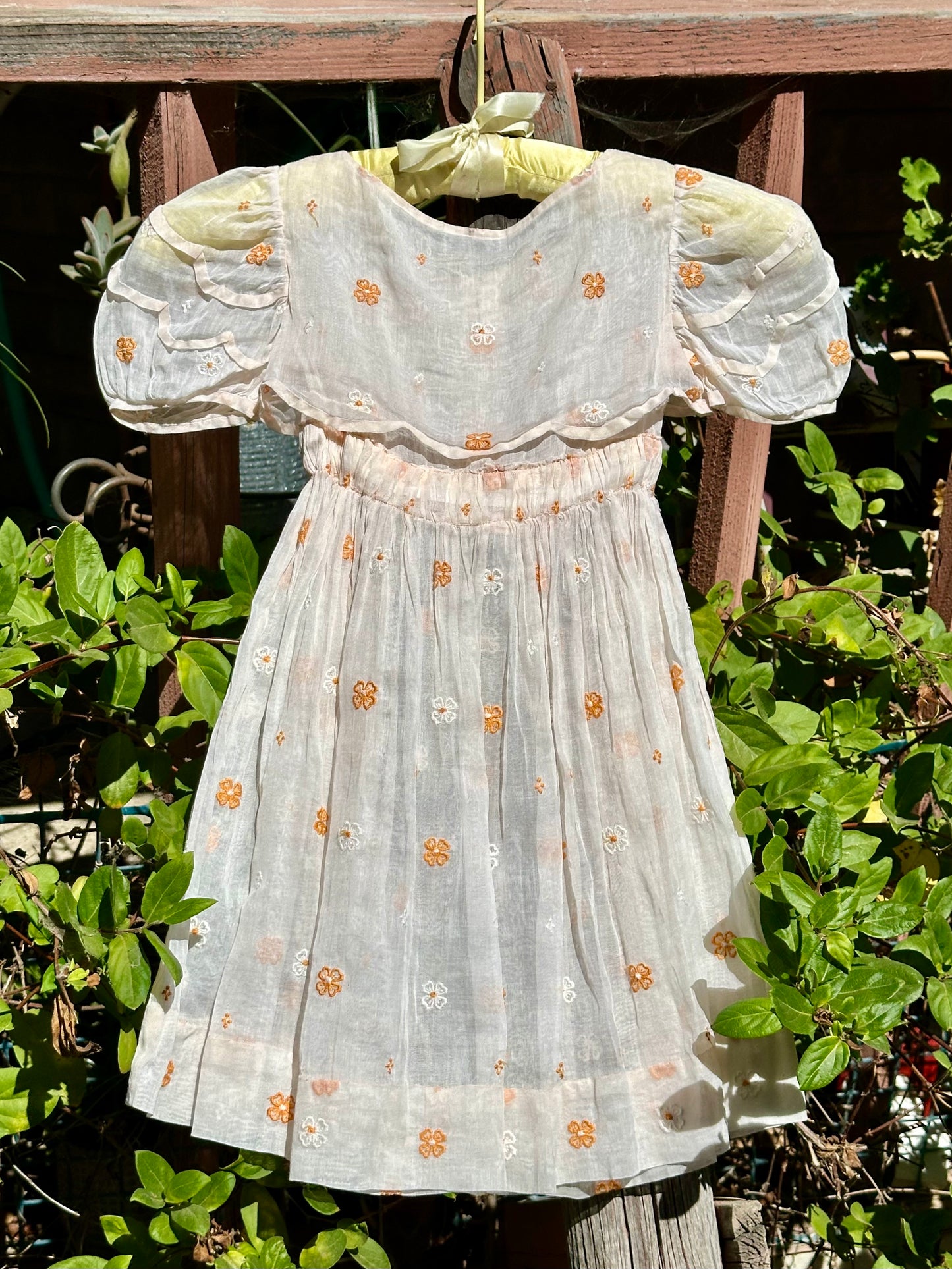 Antique Organdy Girls Dress with Scattered Embroidered Flowers - 4T/5T