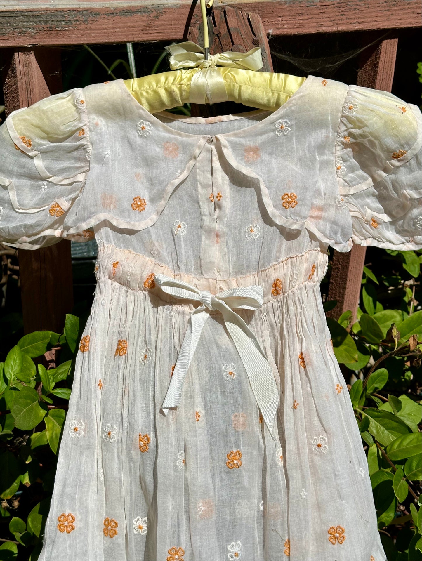 Antique Organdy Girls Dress with Scattered Embroidered Flowers - 4T/5T