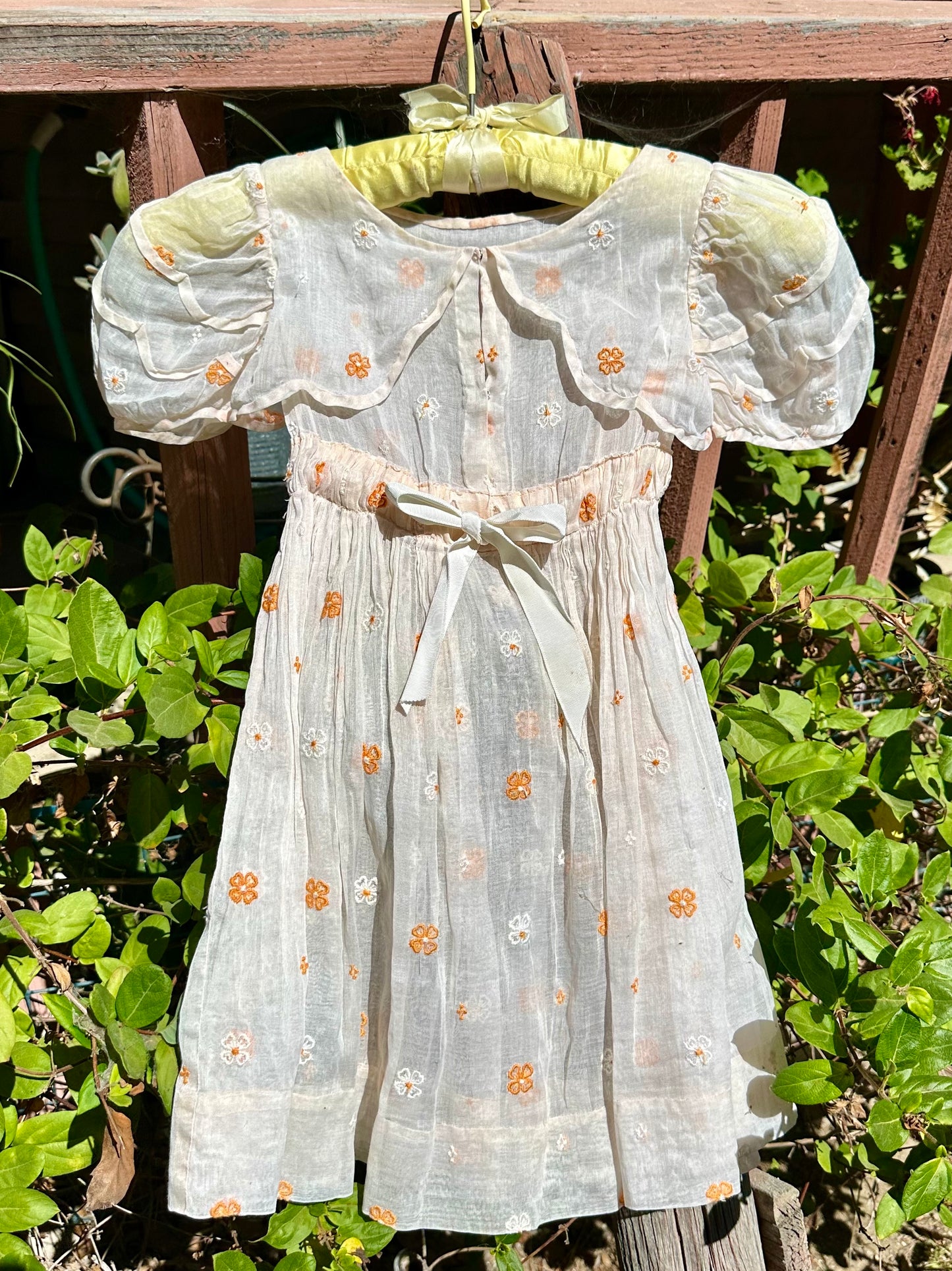Antique Organdy Girls Dress with Scattered Embroidered Flowers - 4T/5T