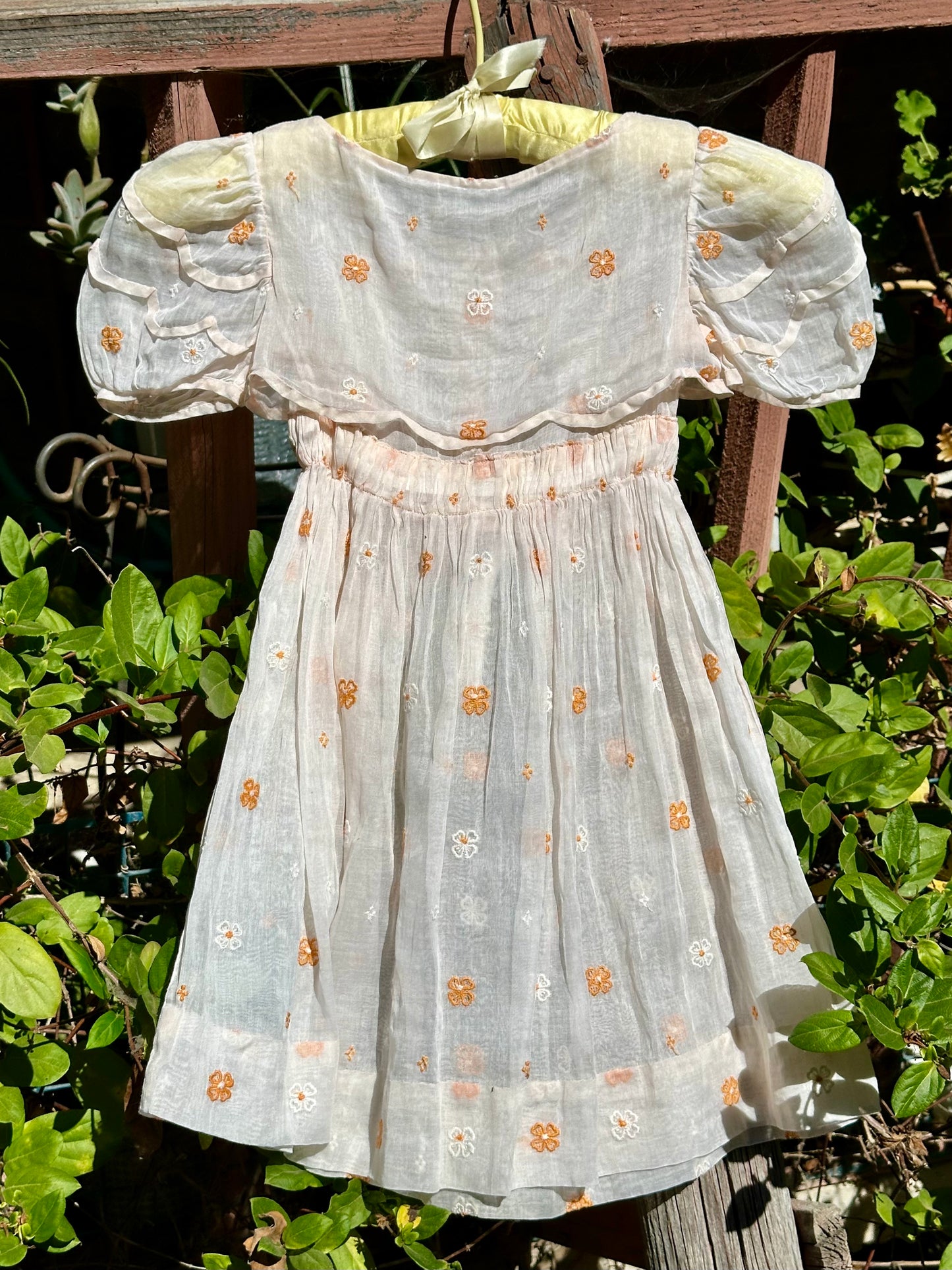 Antique Organdy Girls Dress with Scattered Embroidered Flowers - 4T/5T