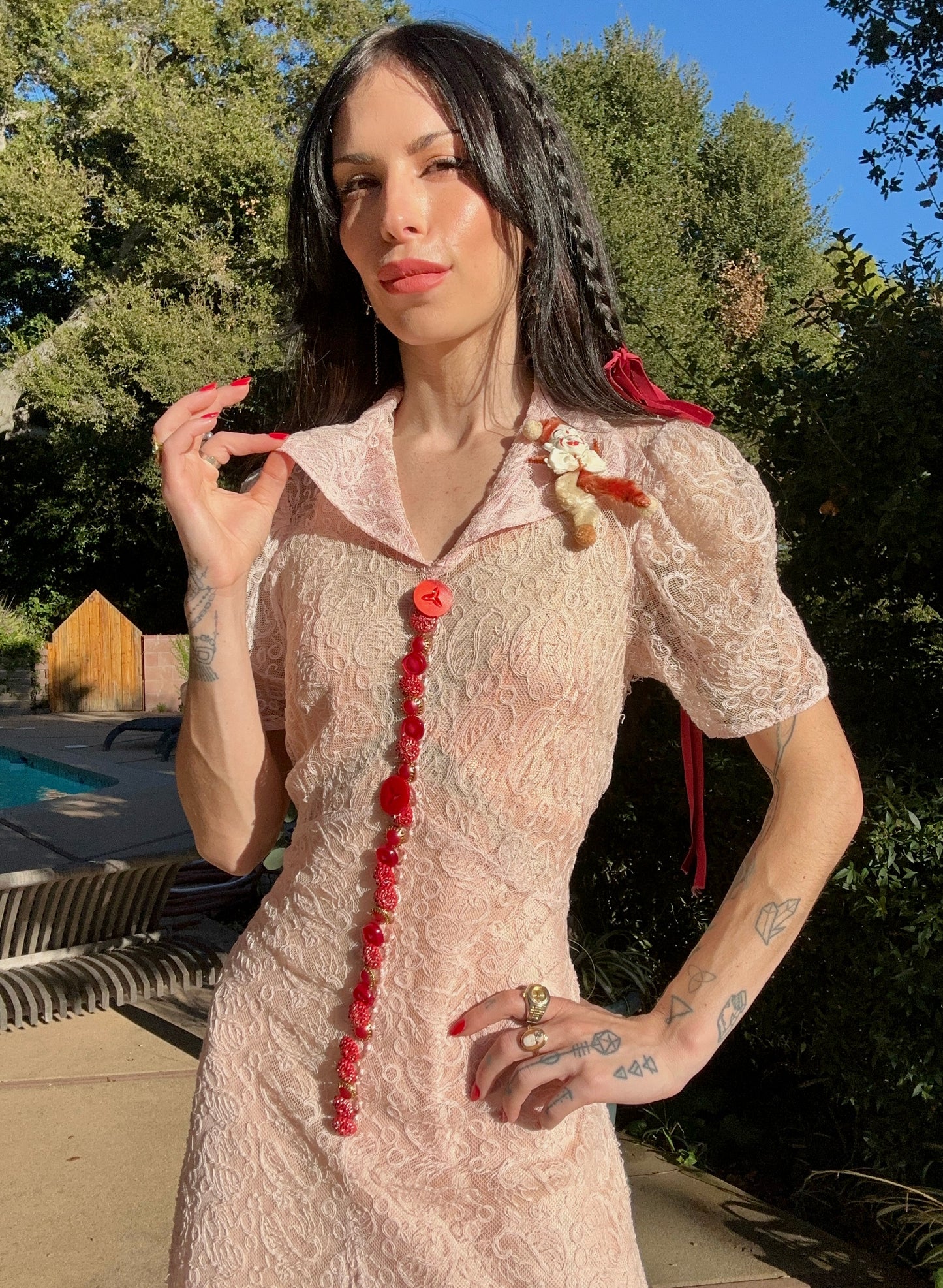 Antique 1930's Pink Lace Dress with Vintage Buttons and Antique Clown Pin