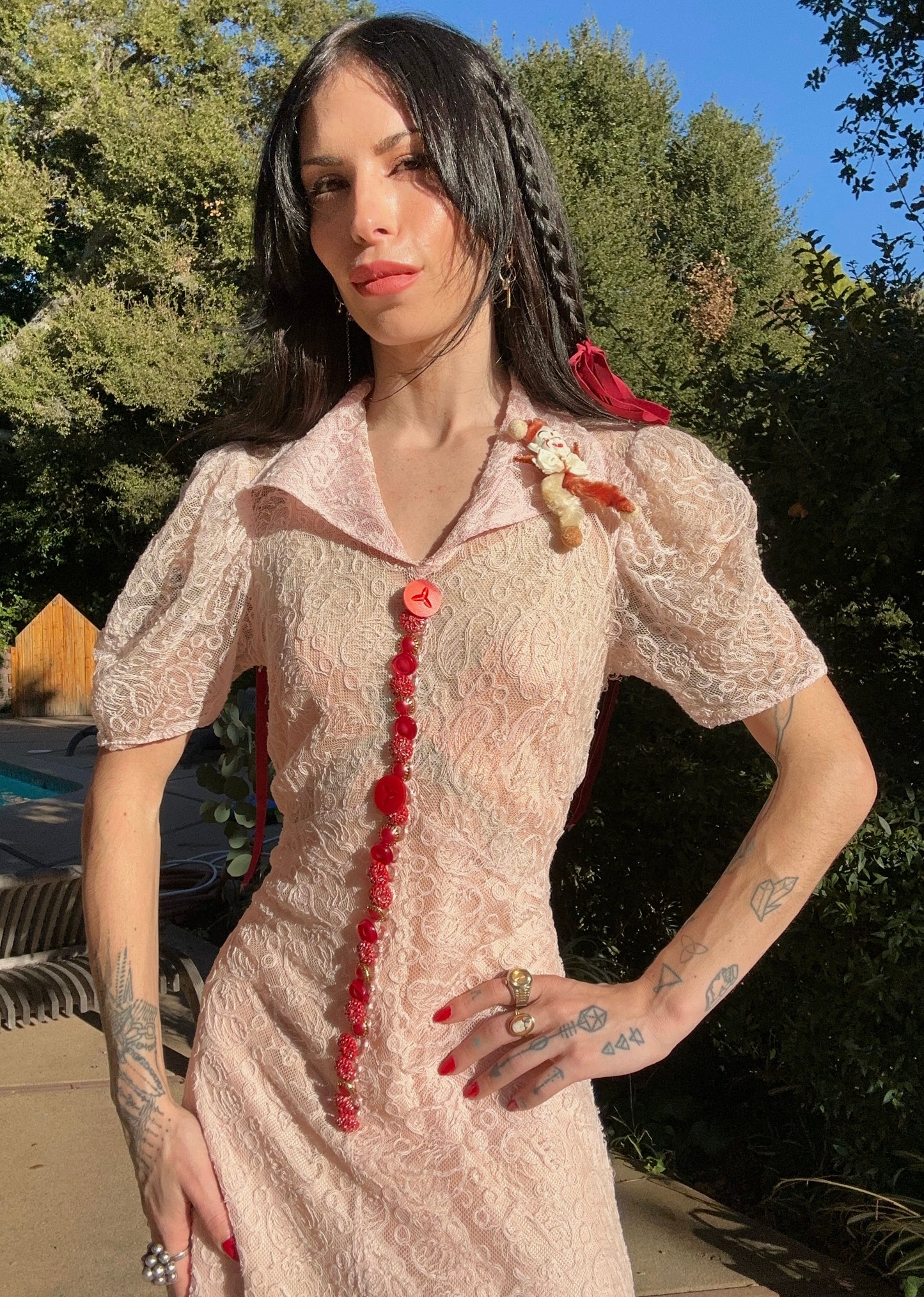 Antique 1930's Pink Lace Dress with Vintage Buttons and Antique Clown Pin