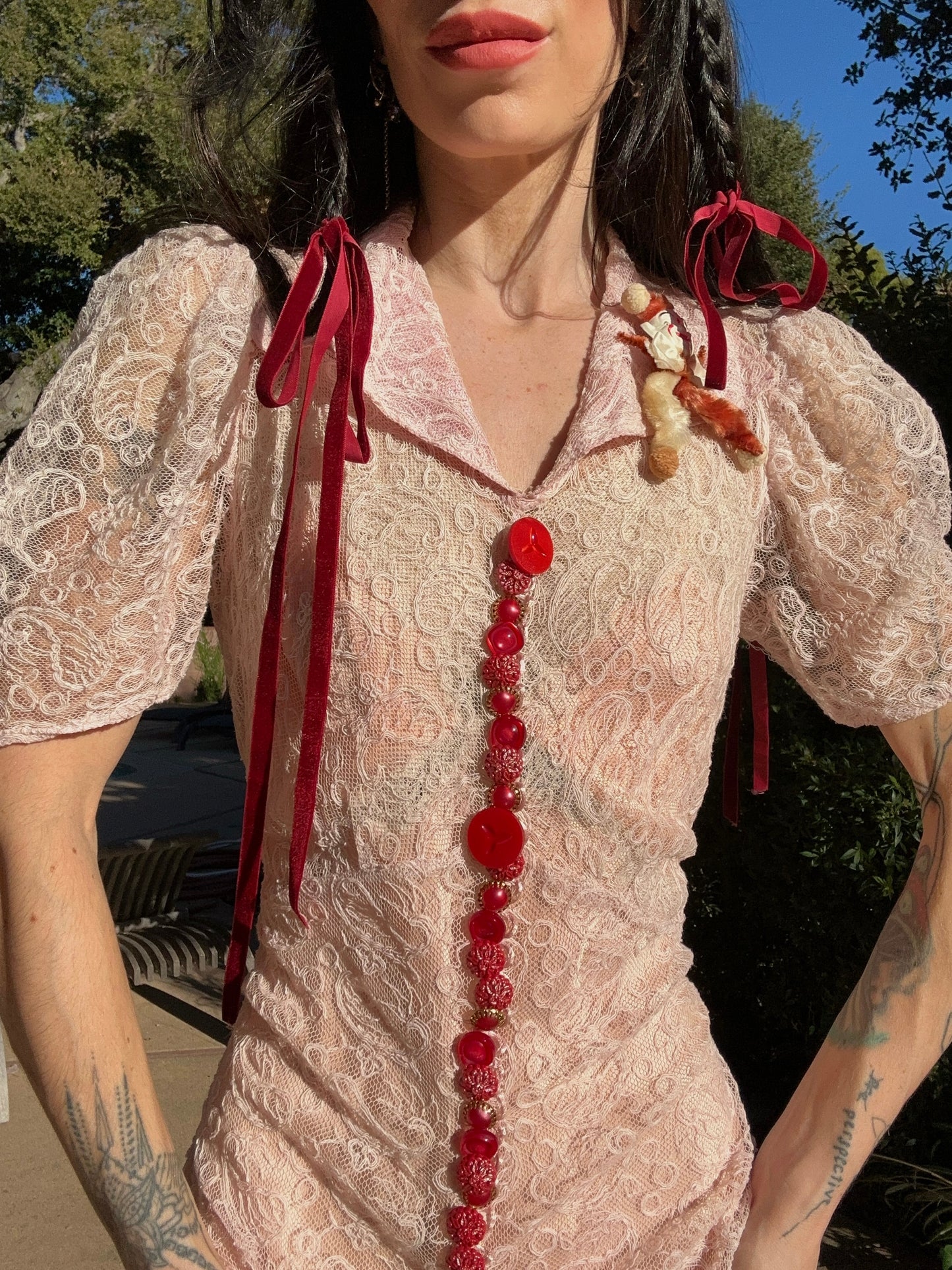 Antique 1930's Pink Lace Dress with Vintage Buttons and Antique Clown Pin