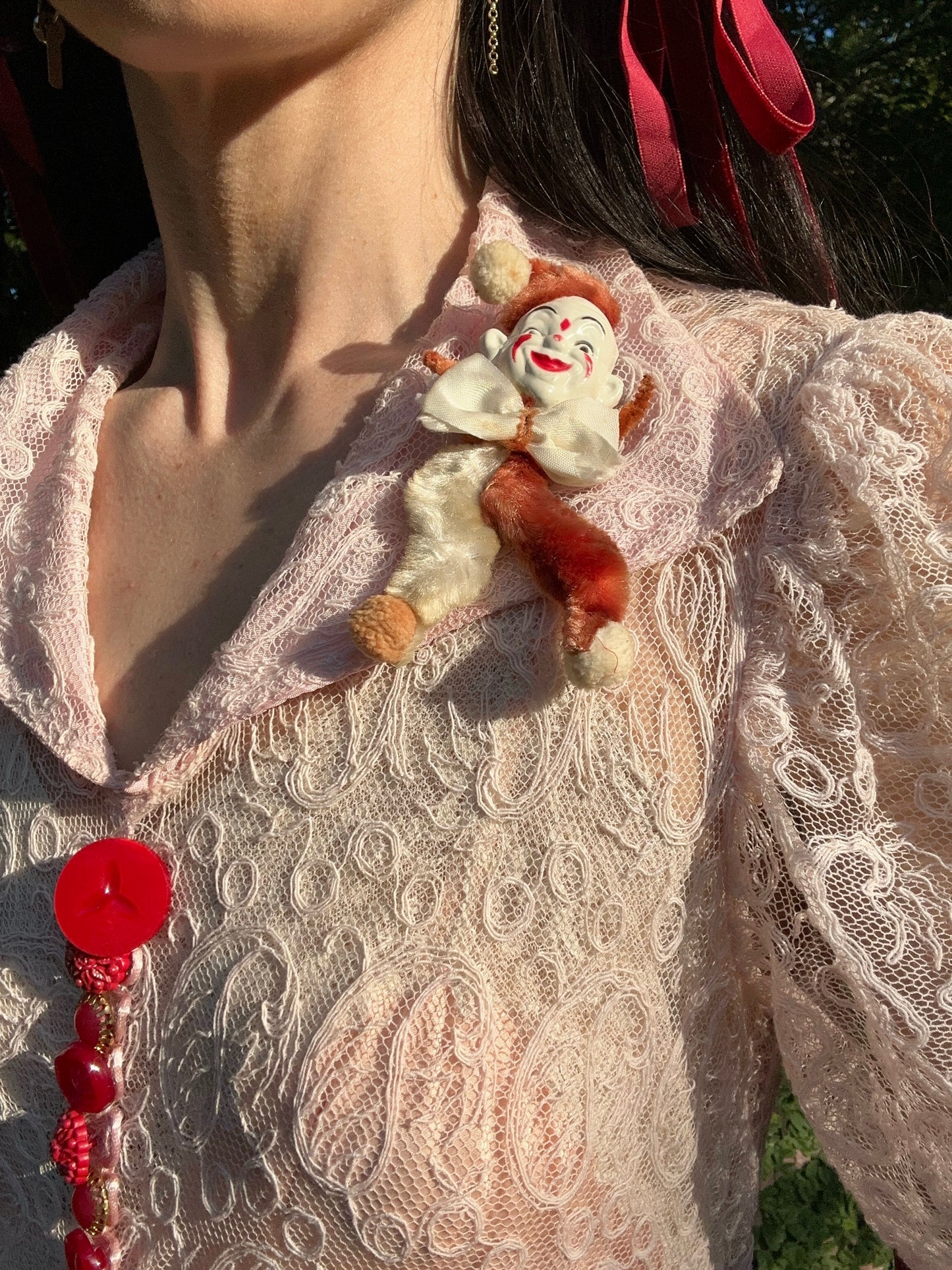 Antique 1930's Pink Lace Dress with Vintage Buttons and Antique Clown Pin