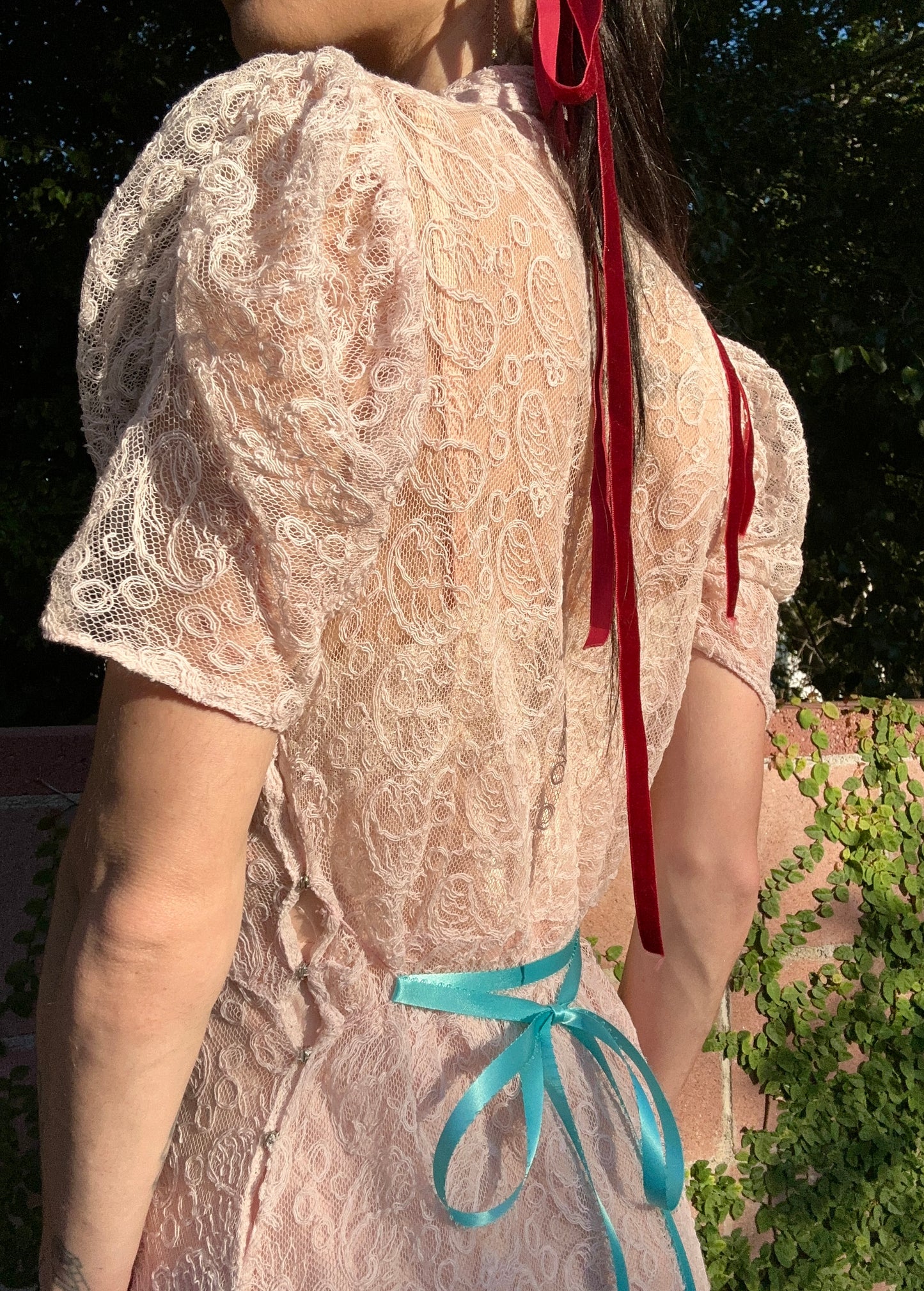 Antique 1930's Pink Lace Dress with Vintage Buttons and Antique Clown Pin