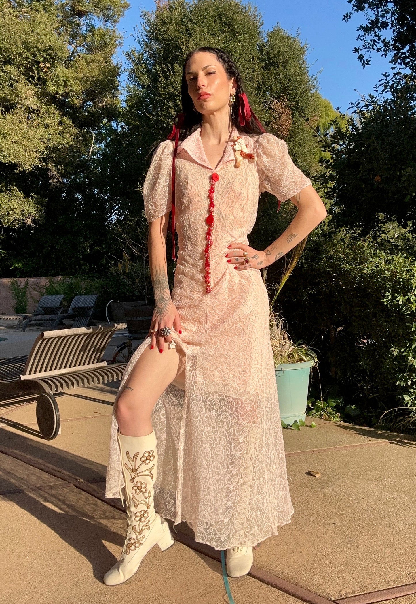 Antique 1930's Pink Lace Dress with Vintage Buttons and Antique Clown Pin