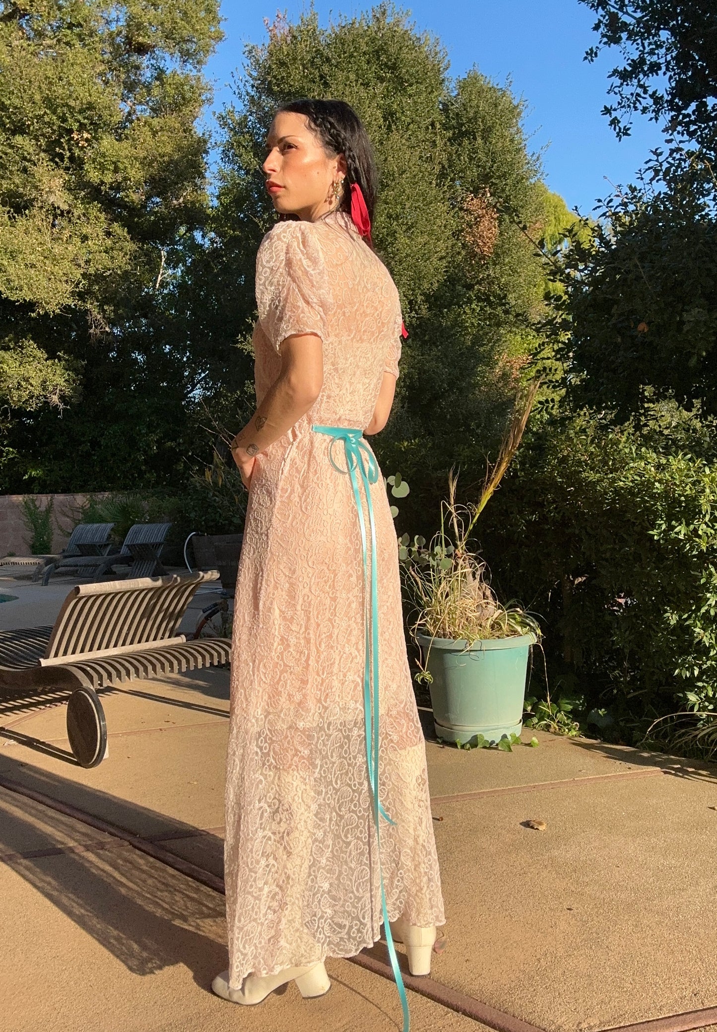 Antique 1930's Pink Lace Dress with Vintage Buttons and Antique Clown Pin