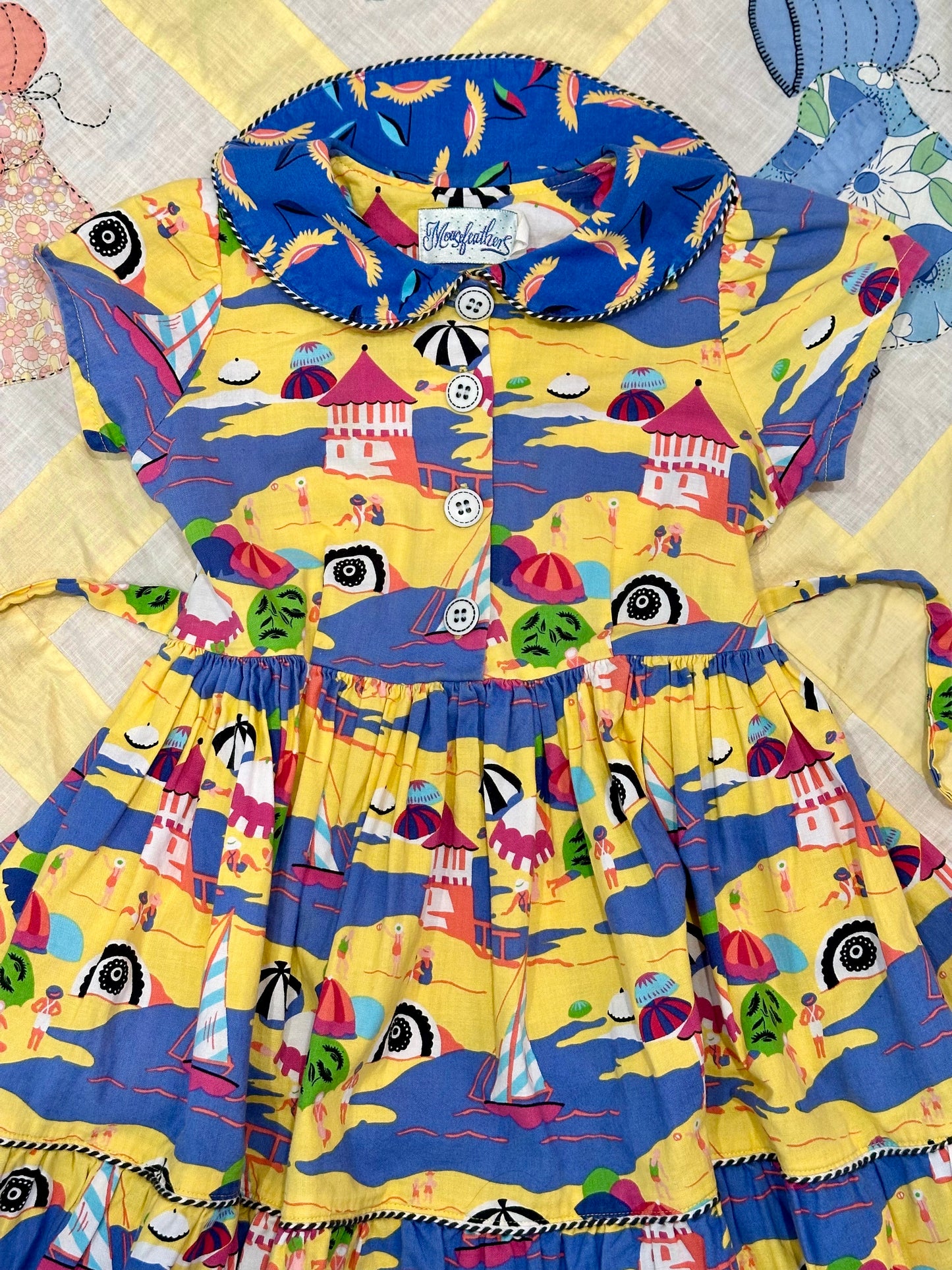 Vintage 1970's Cottage Style Cotton Beach Print Novelty Girls Dress