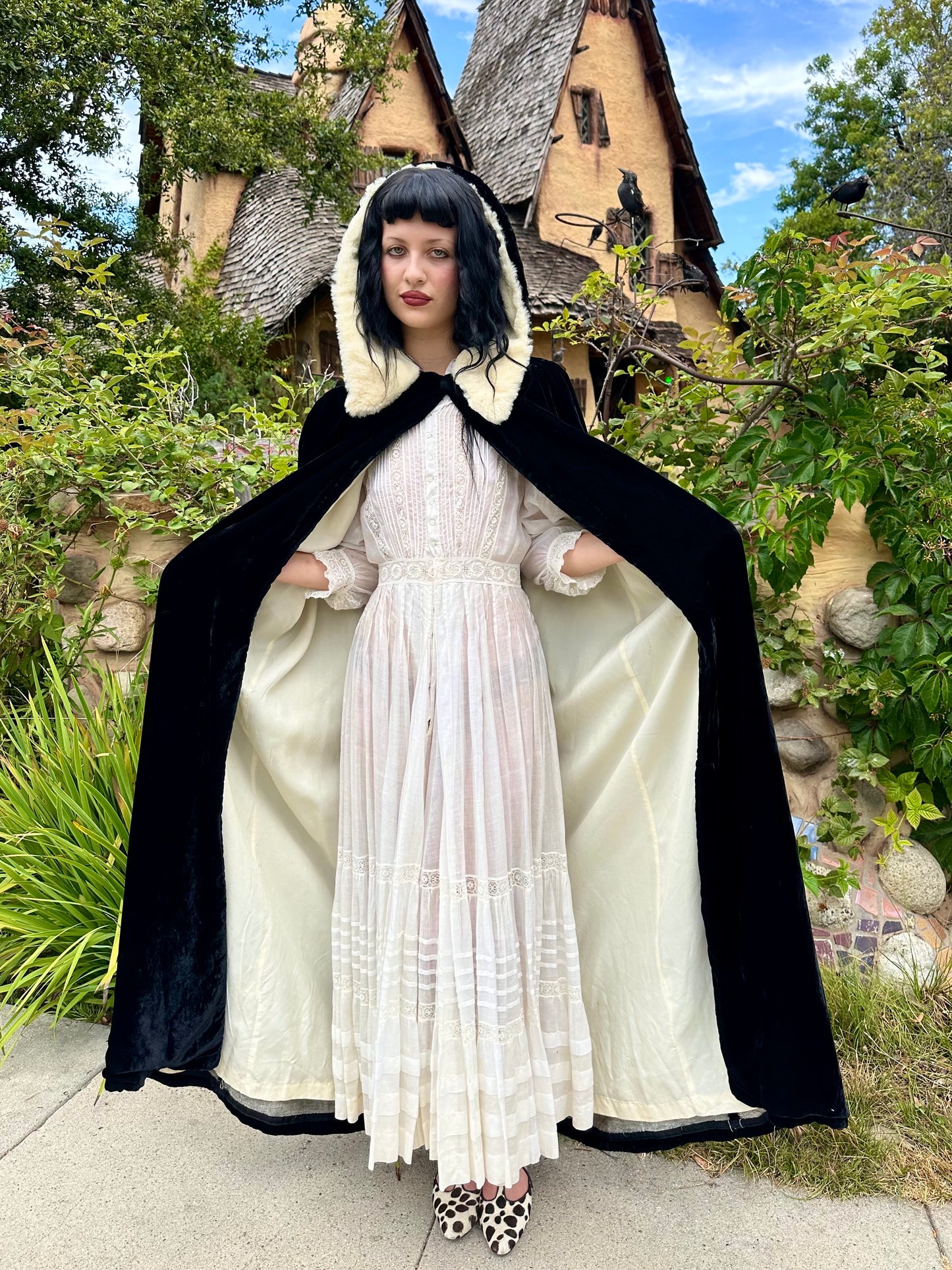 Antique 1940's Silk Velvet Black Cape with a Fur Hood in Cream