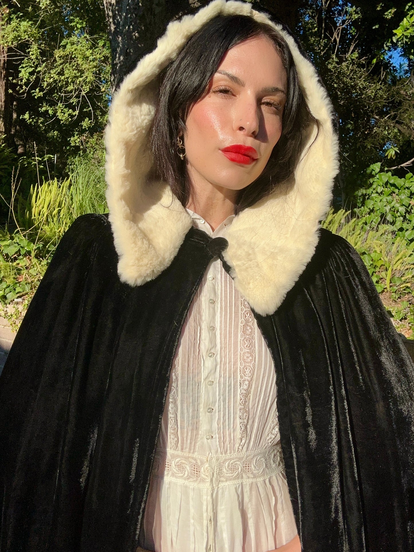 Antique 1940's Silk Velvet Black Cape with a Fur Hood in Cream