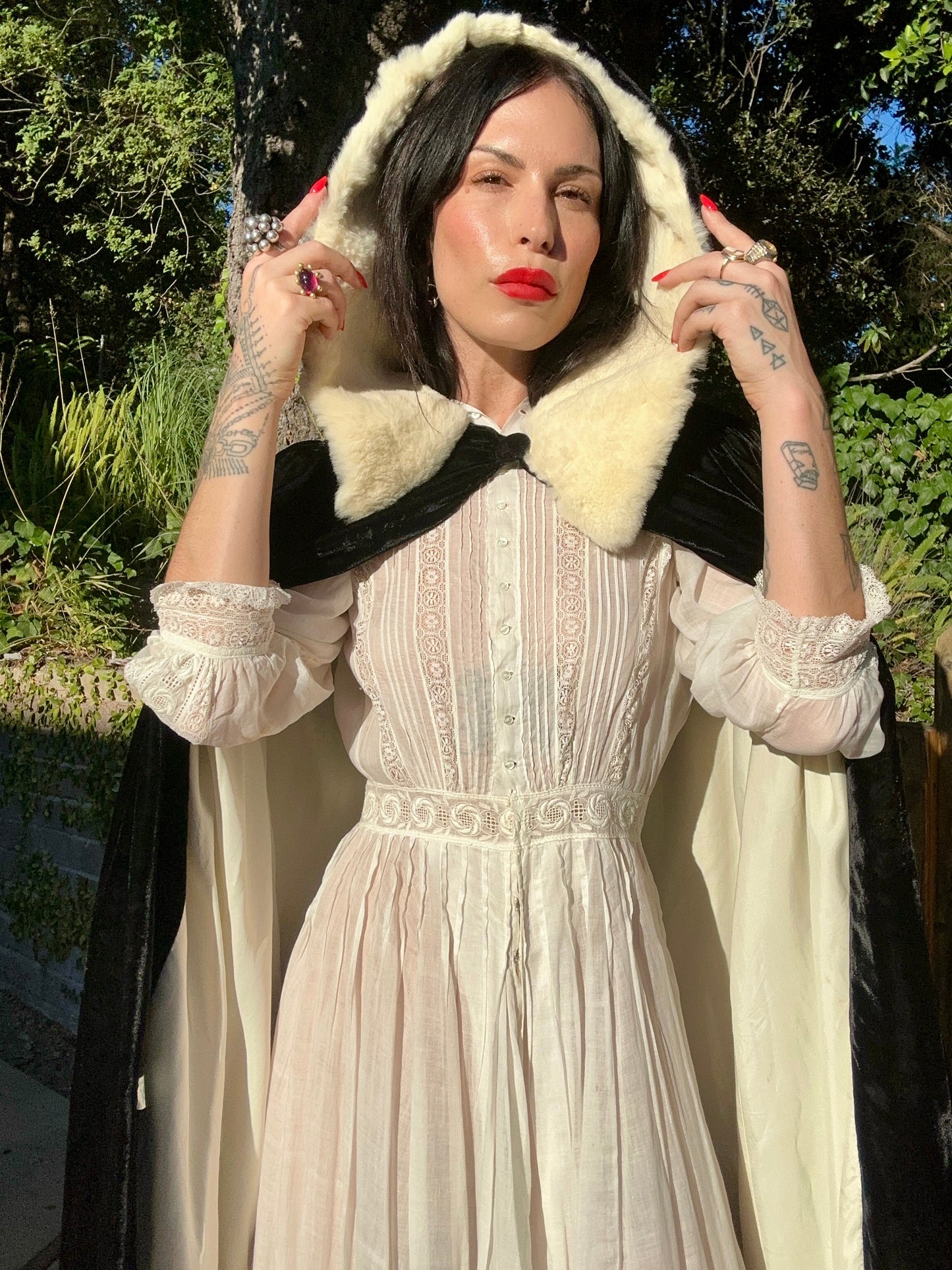 Antique 1940's Silk Velvet Black Cape with a Fur Hood in Cream