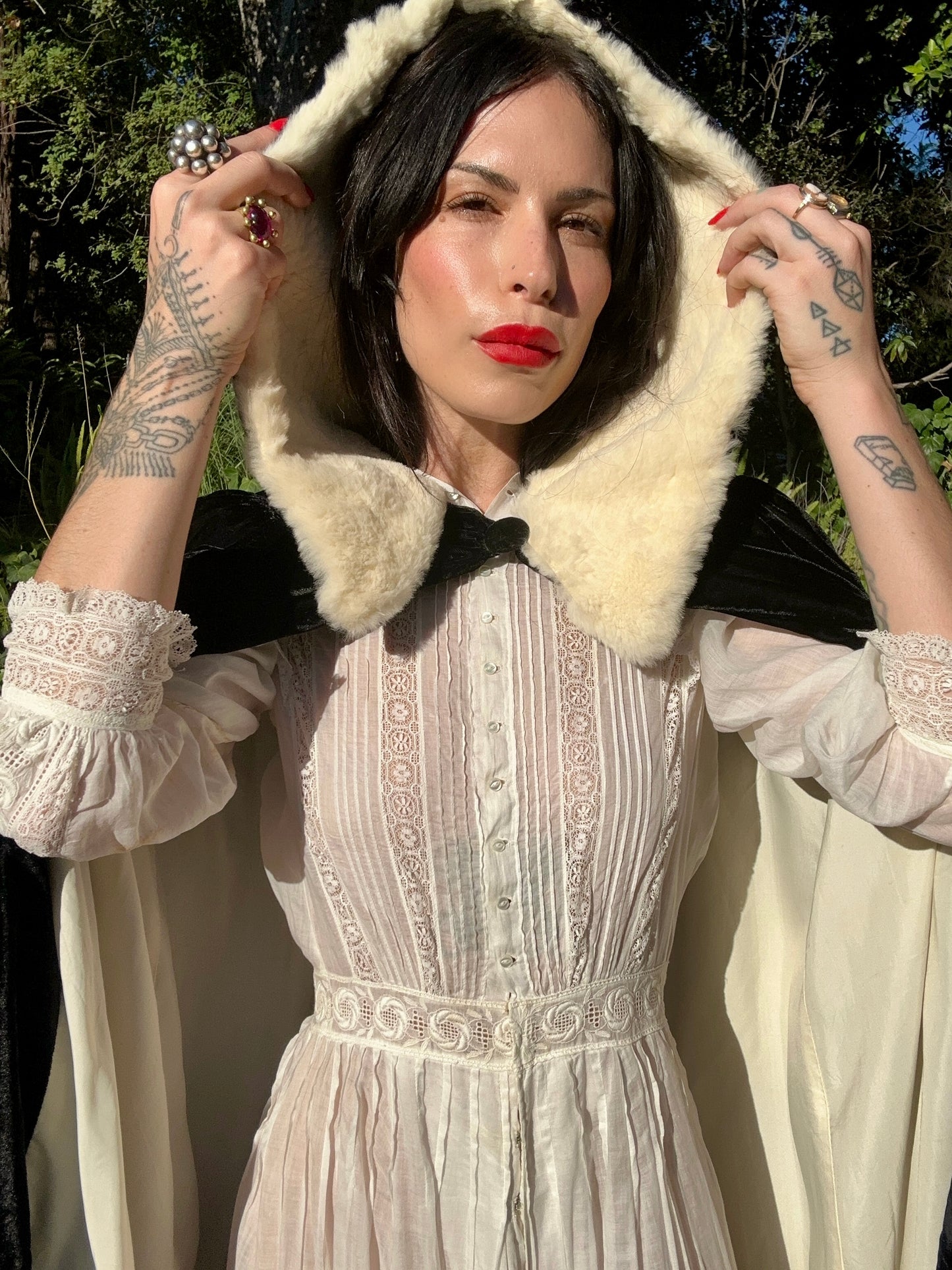 Antique 1940's Silk Velvet Black Cape with a Fur Hood in Cream