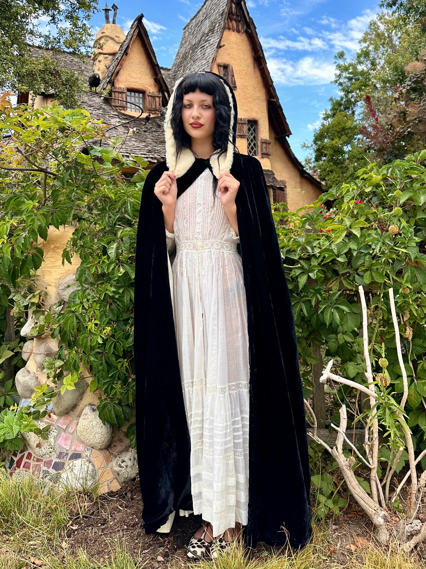 Antique 1940's Silk Velvet Black Cape with a Fur Hood in Cream