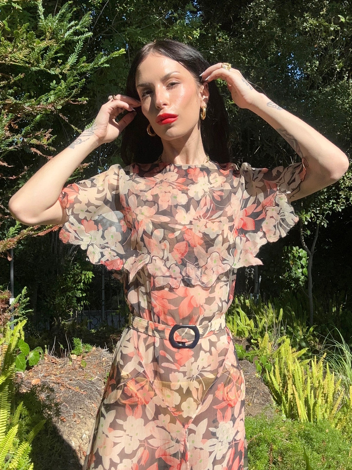 Rare Antique 1920's Georgette Silk Chiffon Floral Dress with Belt
