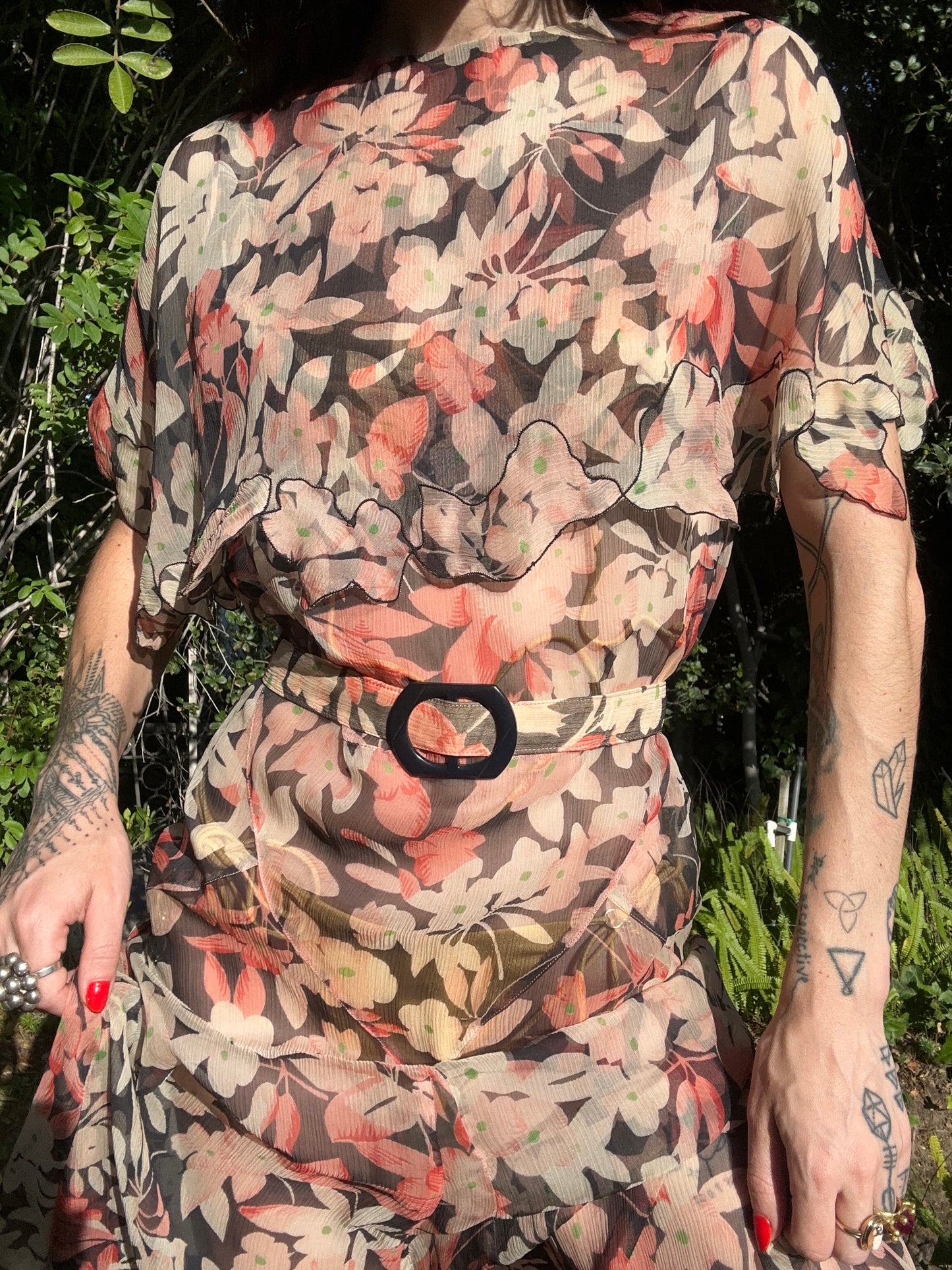 Rare Antique 1920's Georgette Silk Chiffon Floral Dress with Belt