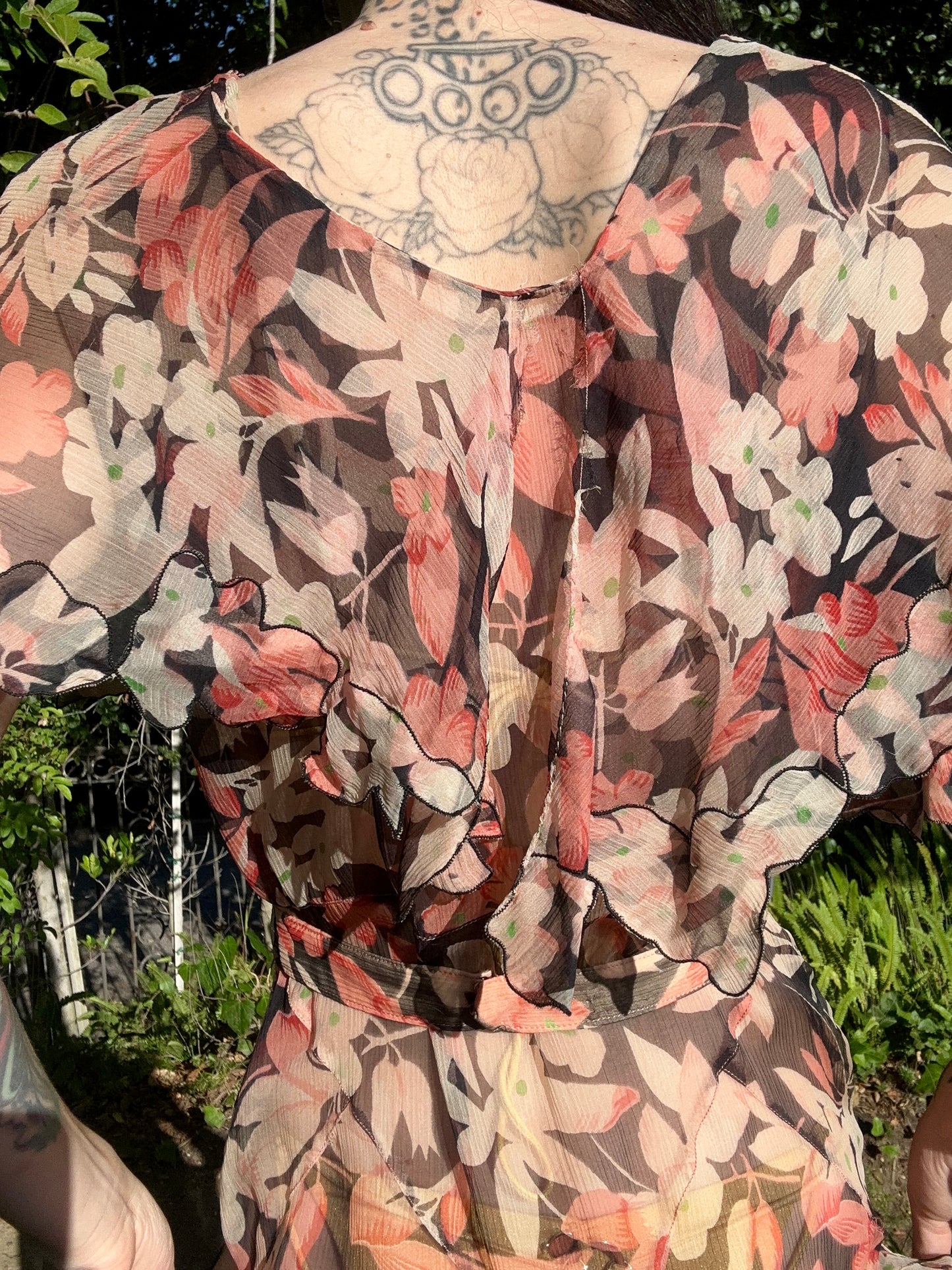 Rare Antique 1920's Georgette Silk Chiffon Floral Dress with Belt