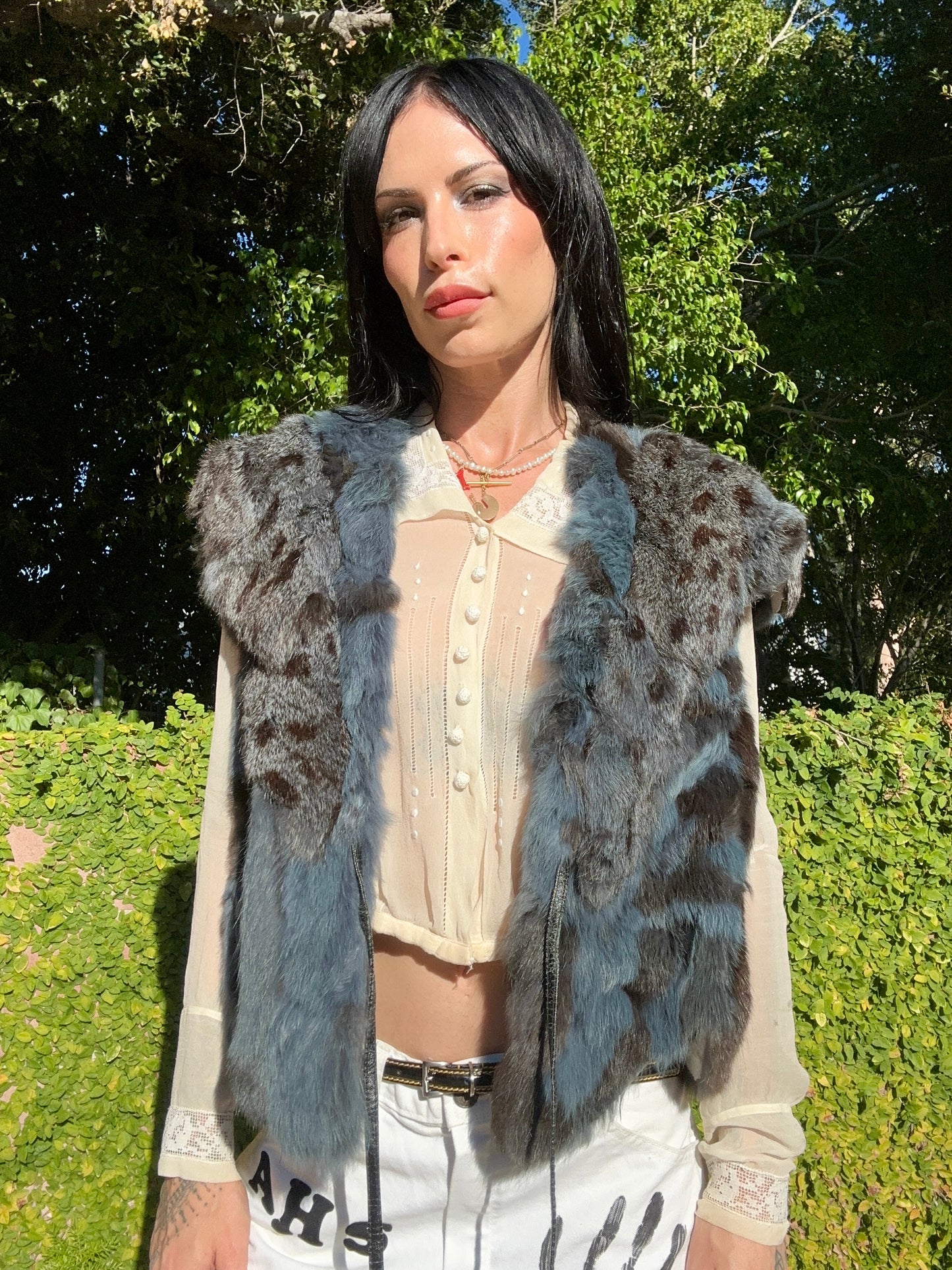 Vintage 1980's Fur Vest with Leather Tie - Made in Hong Kong