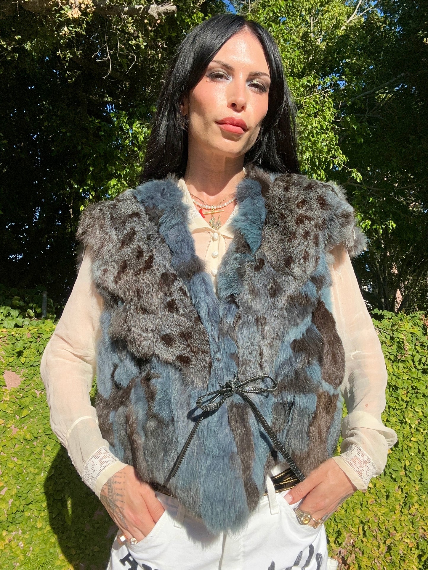 Vintage 1980's Fur Vest with Leather Tie - Made in Hong Kong