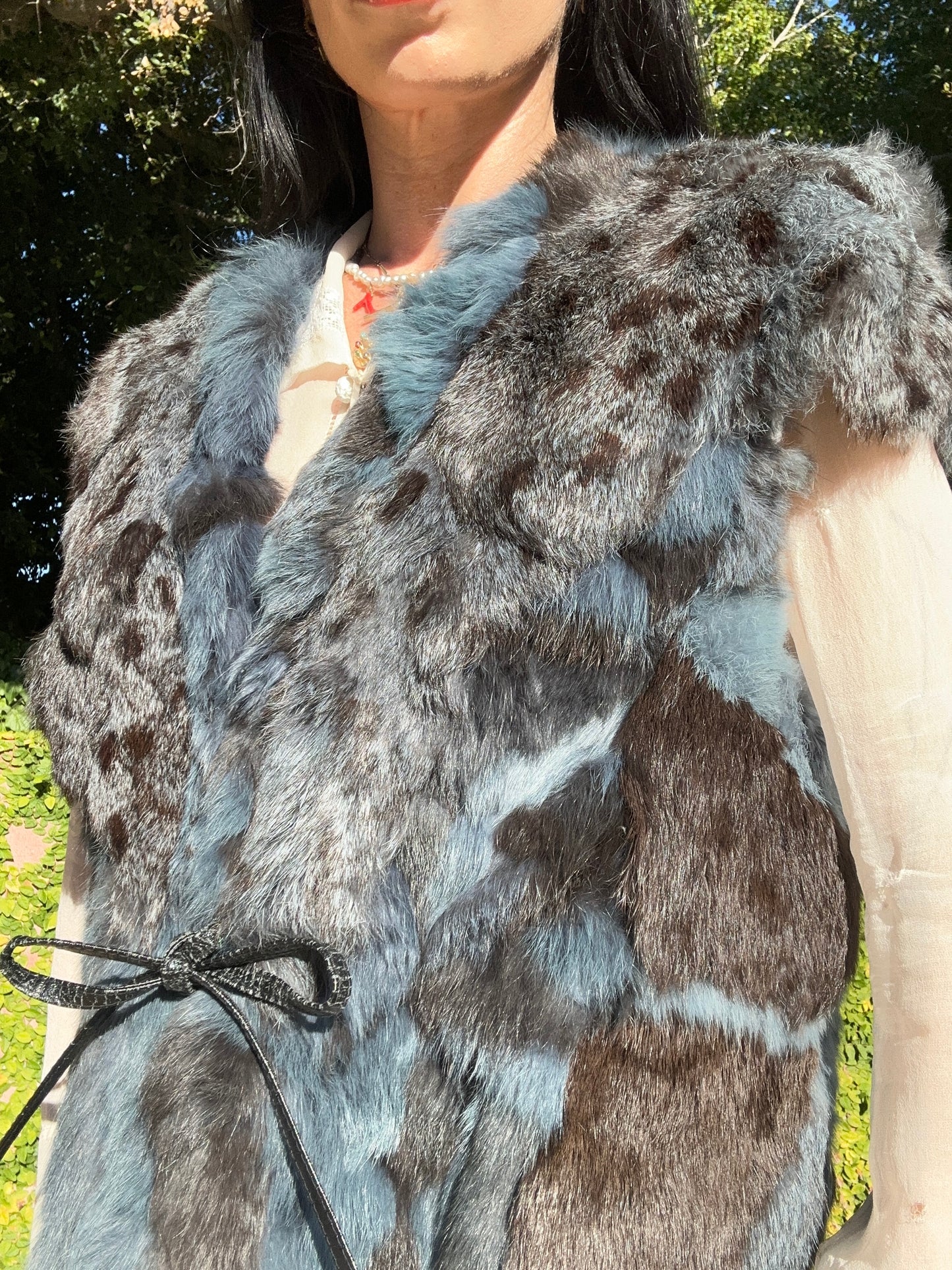 Vintage 1980's Fur Vest with Leather Tie - Made in Hong Kong