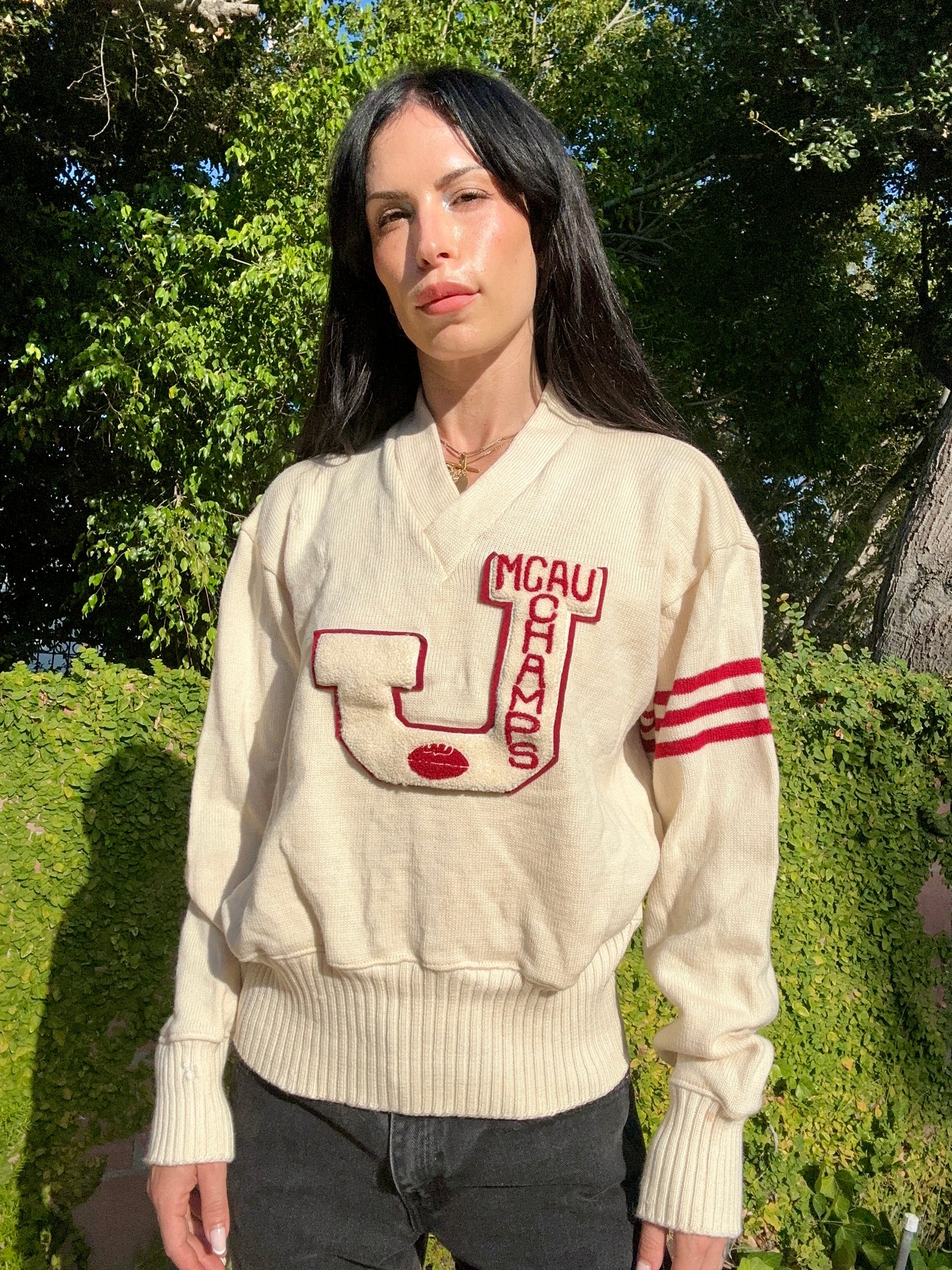 Vintage 1950's Cream Wool Letterman Knit Sweater Made in the USA