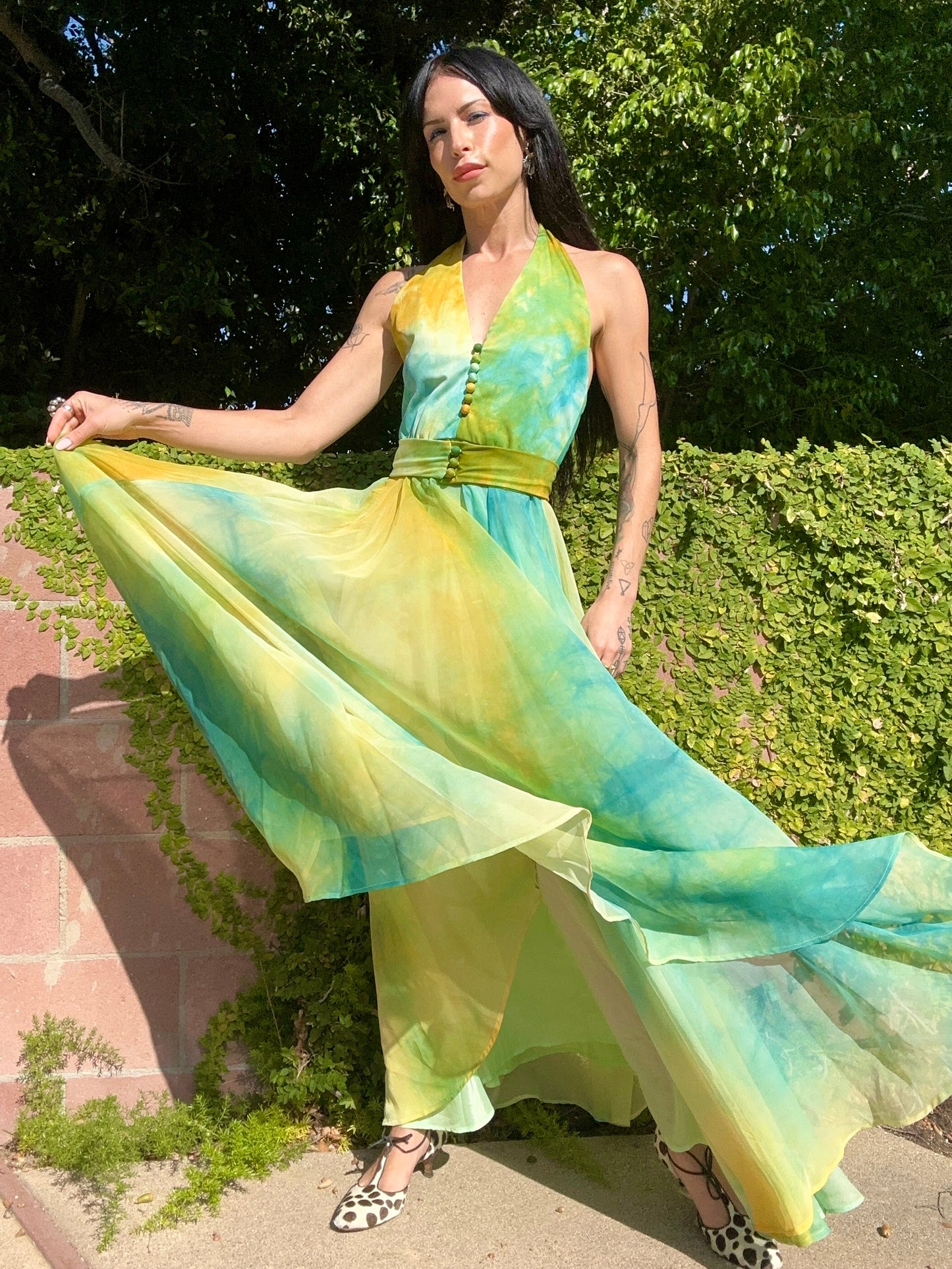 Rare Vintage 1970's Tie Dye Halter Chiffon Dress By: Don Luis De Espana