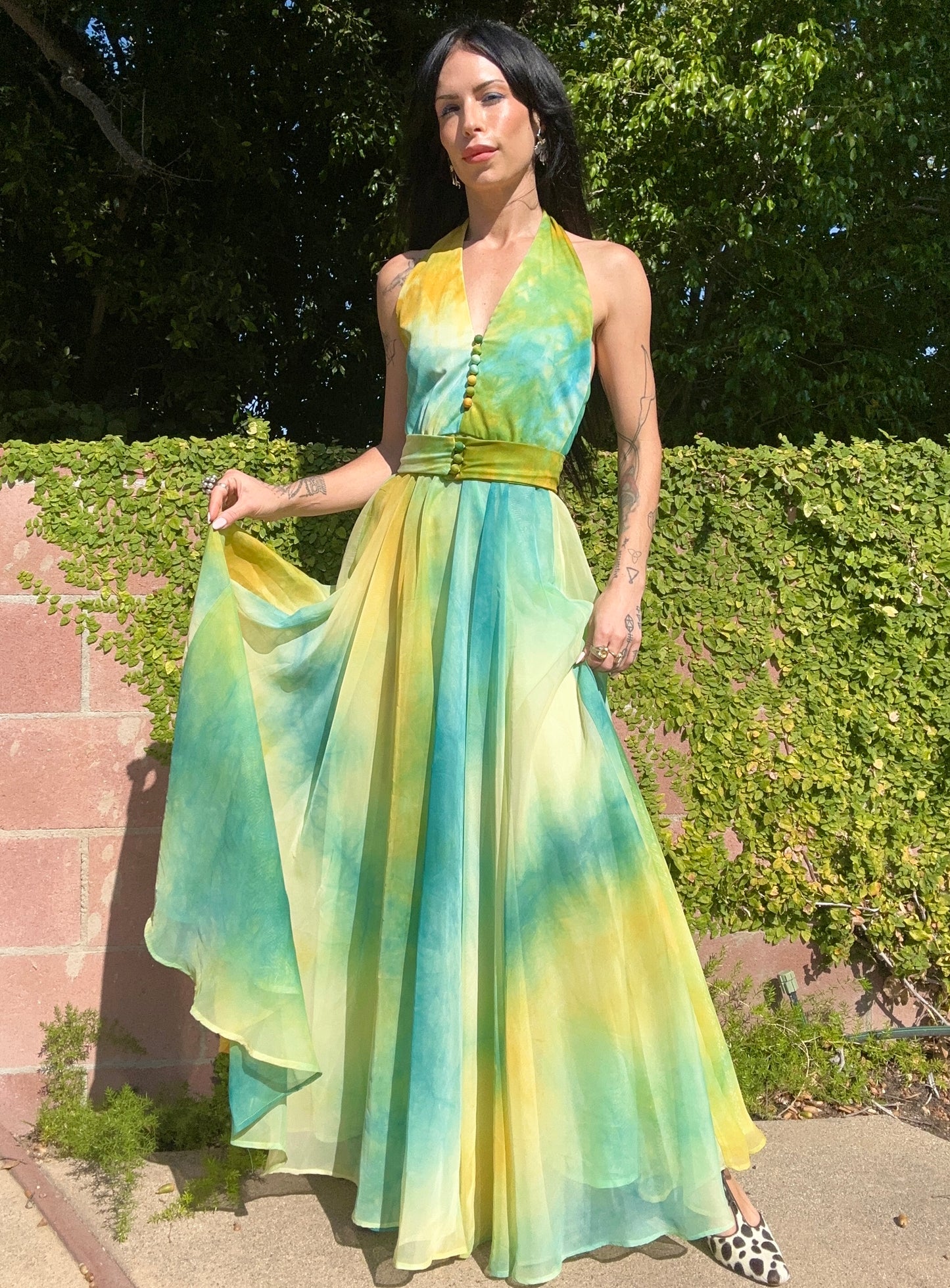 Rare Vintage 1970's Tie Dye Halter Chiffon Dress By: Don Luis De Espana