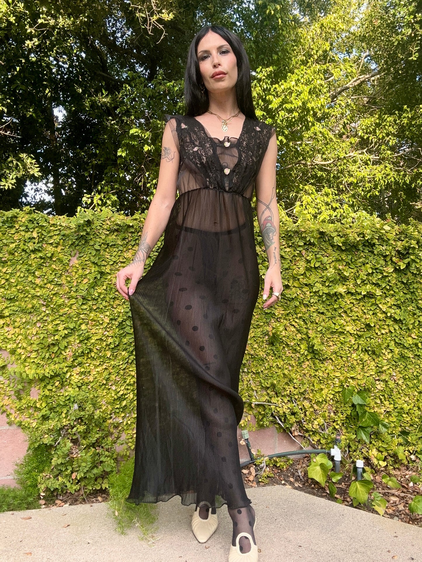 Sultry Vintage 1960’s Black Pleated Maxi Slip Dress with Rosettes and Lace