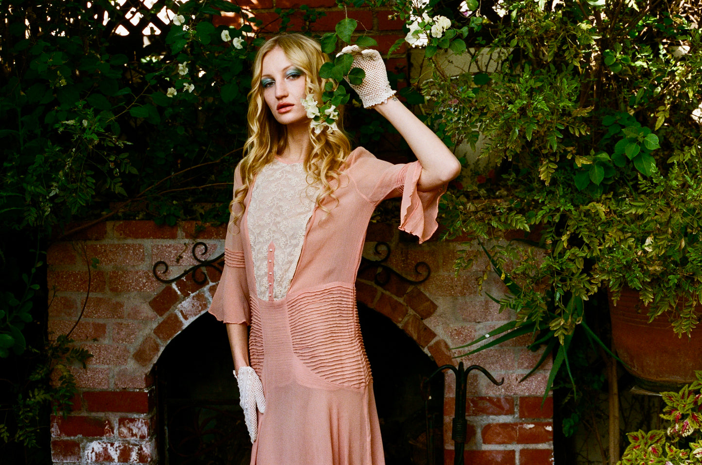 Antique 1920’s Georgette Silk Dress in Rose Petal Pink with Silk Mesh Embroidered Flowers