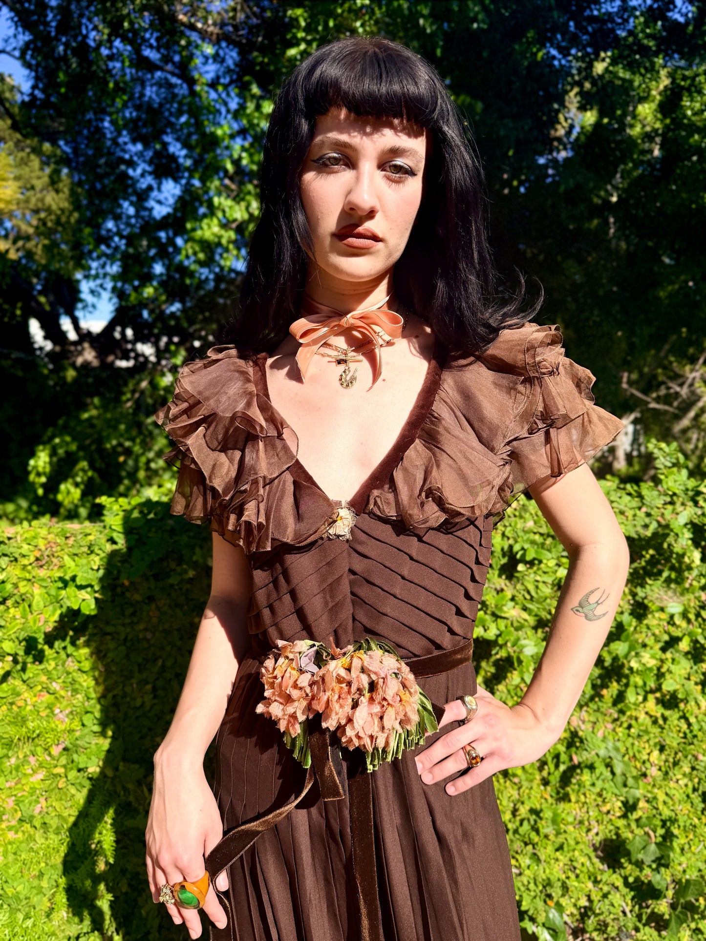 Whimsical Ethereal Vintage 1970’s Chocolate Chiffon Maxi Dress with Antique Floral Details - Re-Designed in House, One-of-One