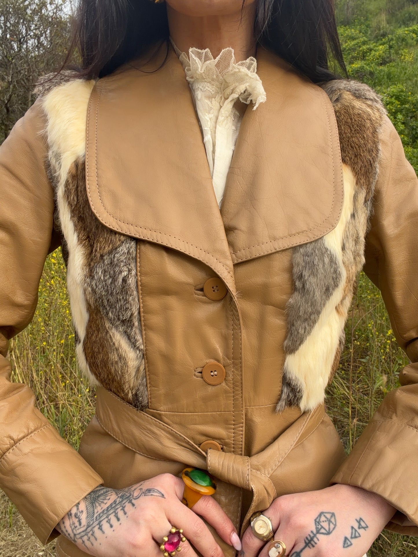 Vintage 1970’s Camel Brown Leather and Diamond Shaped Patchwork Fur Detail Jacket
