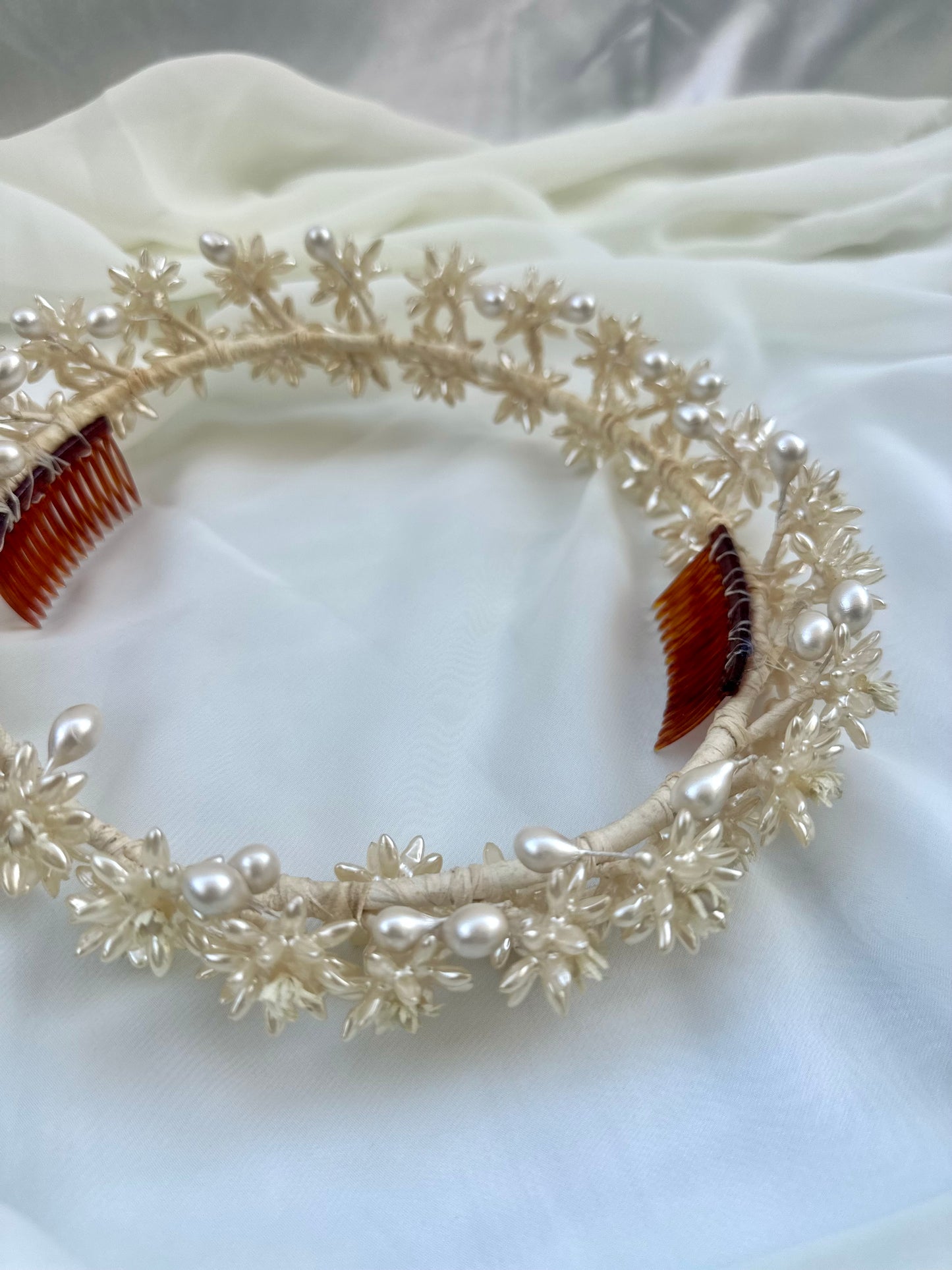 Ethereal Vintage 1950’s Pearlescent Halo Wedding Headpiece with Wax Flowers