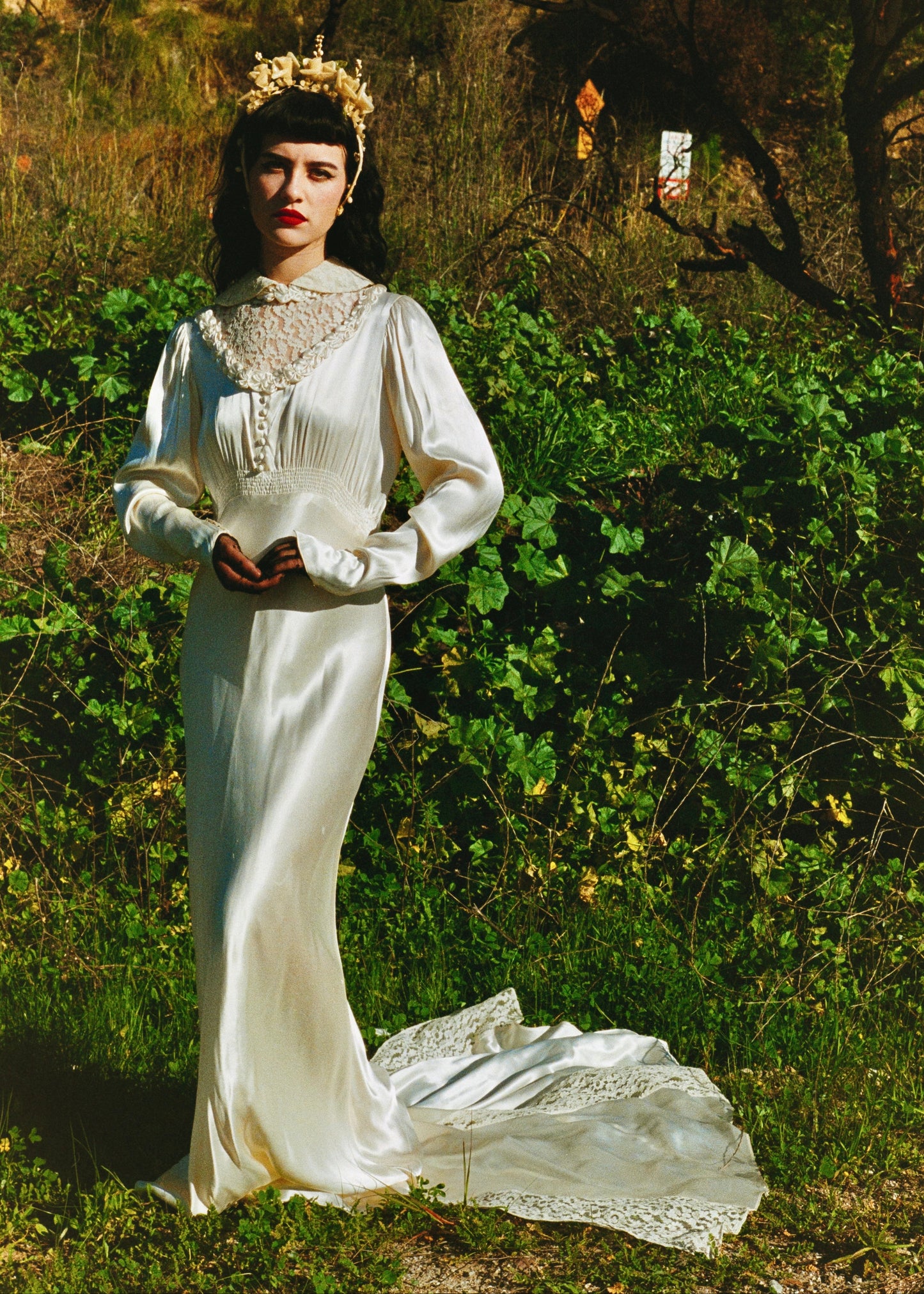 Romantic Antique 1930's Bias Cut Silk Satin Charmeuse in Candlelight Wedding Gown with Unique Chapel Train - Rare size M/L