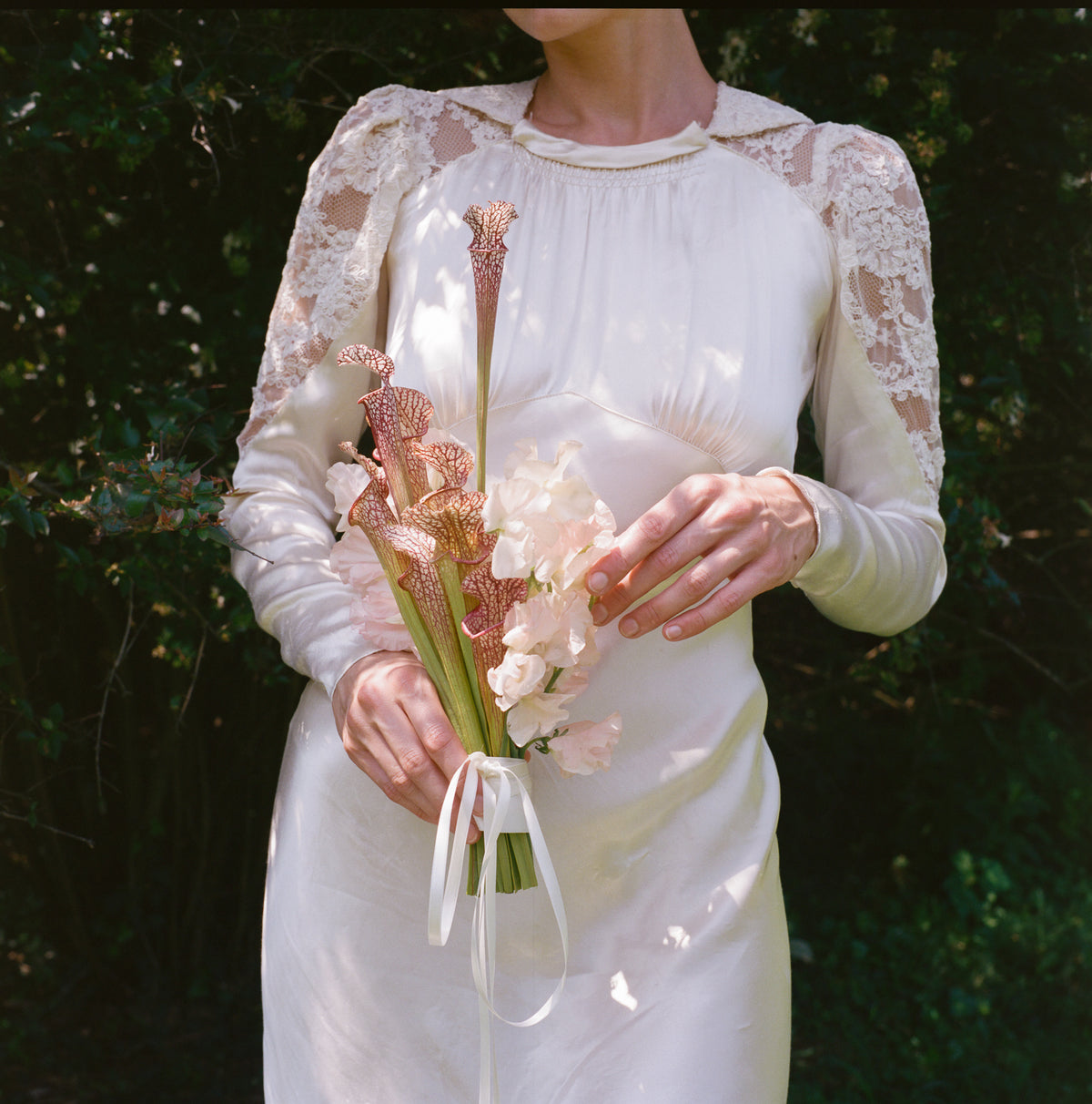 Heavenly Antique 1930’s Liquid Silk Charmeuse Wedding Gown with a Stunning Cathedral Train  Alencon Lace Shoulder and Collar Detail