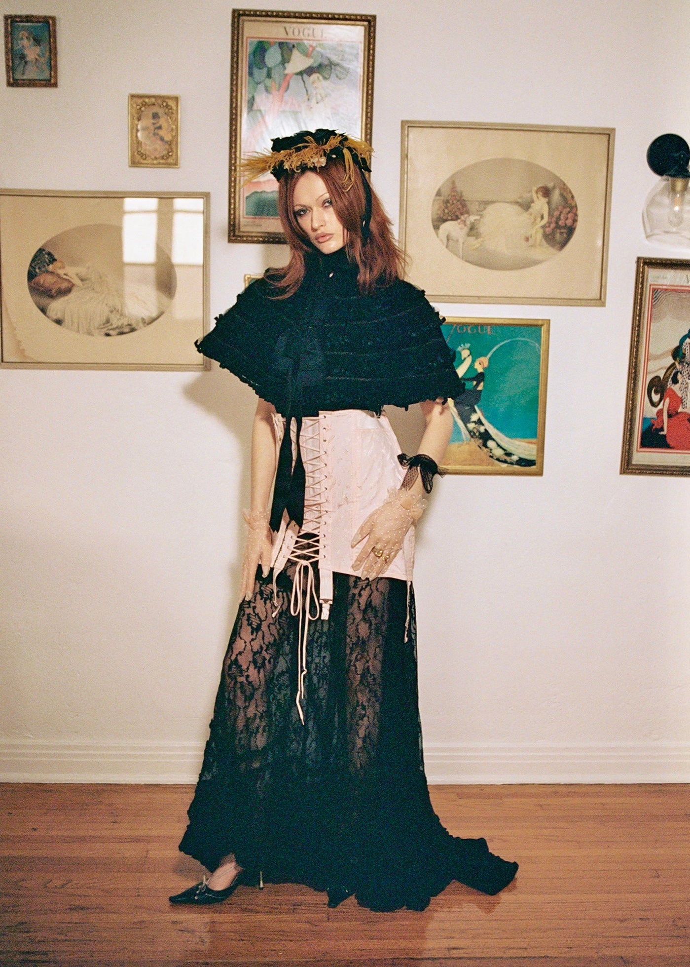 Museum Quality: Astonishing, Antique Victorian 1890’s, Silk Velvet Jet Black Mourning Cape with Tiers of Silk Mesh Ruffles and Hand-Beading All Over - Historical Piece