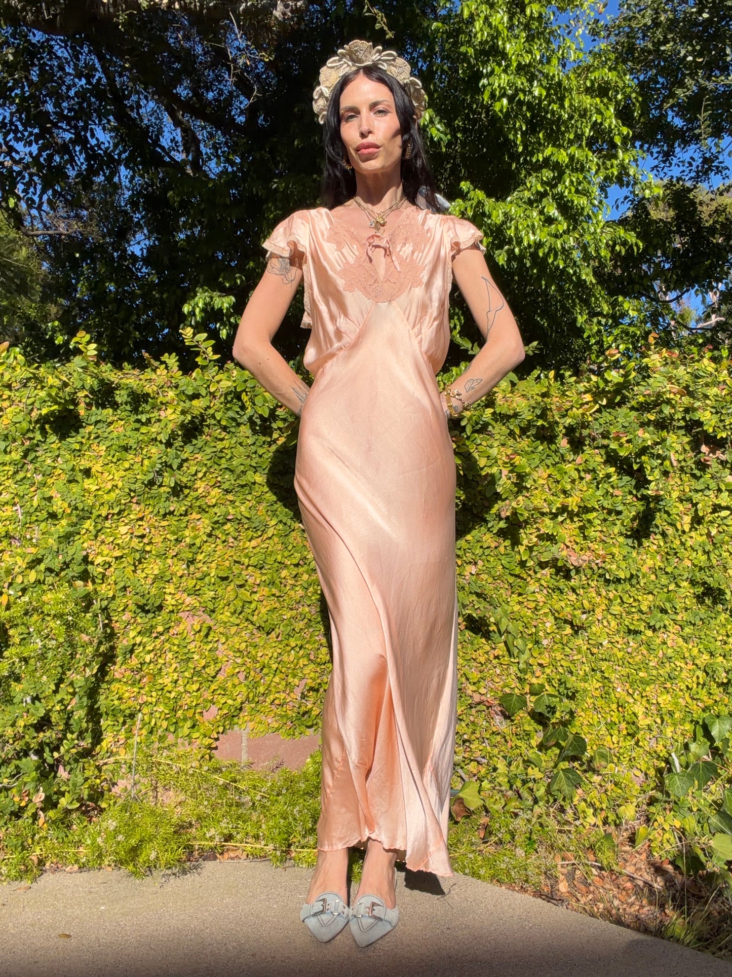 Antique late 1930’s / Early 1940’s Silk Satin Peachy Pink Slip Dress With Lace Inserts and Flutter Shoulder Sleeves