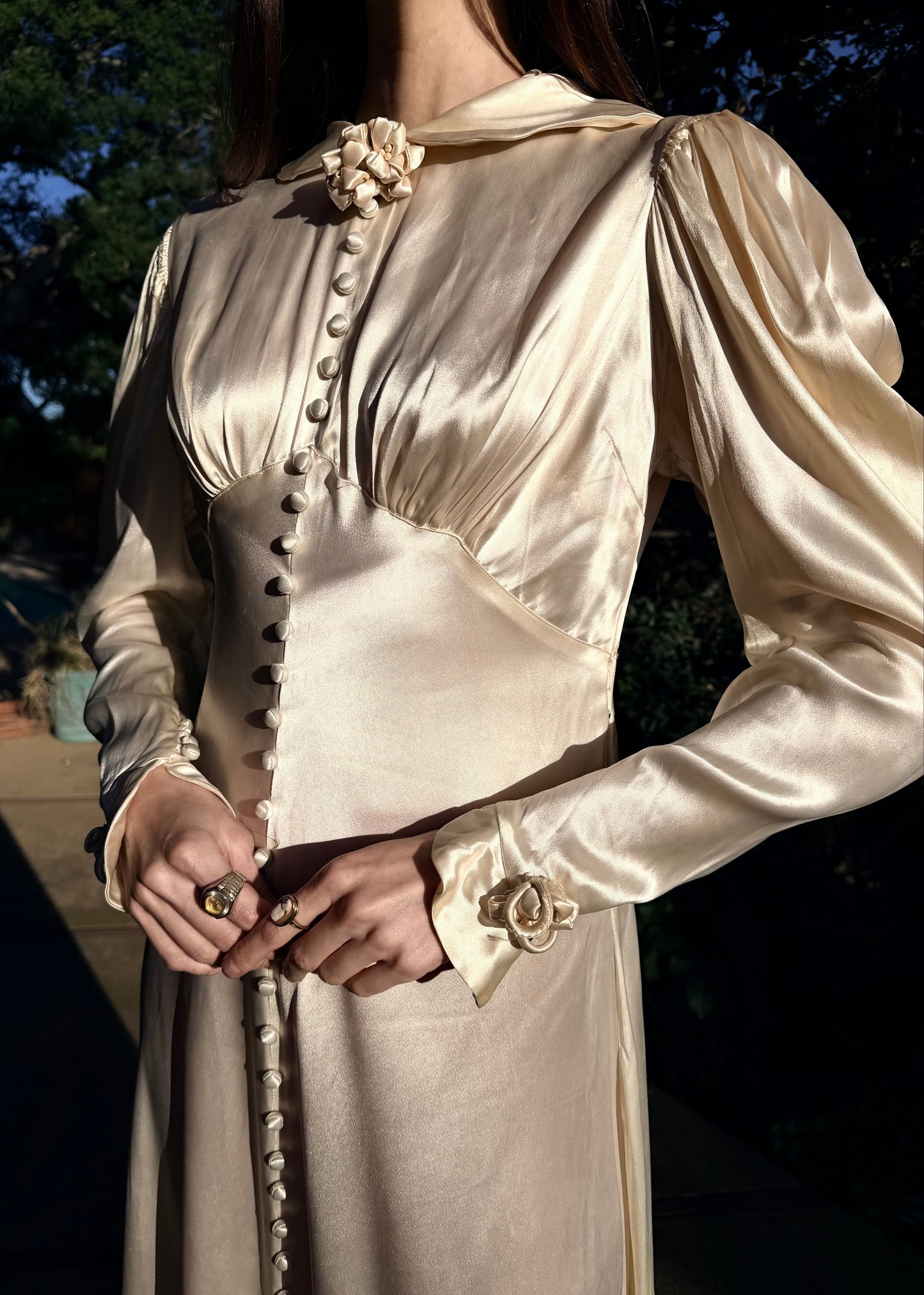 Timeless Antique 1930’s Warm Ivory Liquid Silk Charmeuse Wedding Gown with Sculptural Flower Details and Cathedral Train